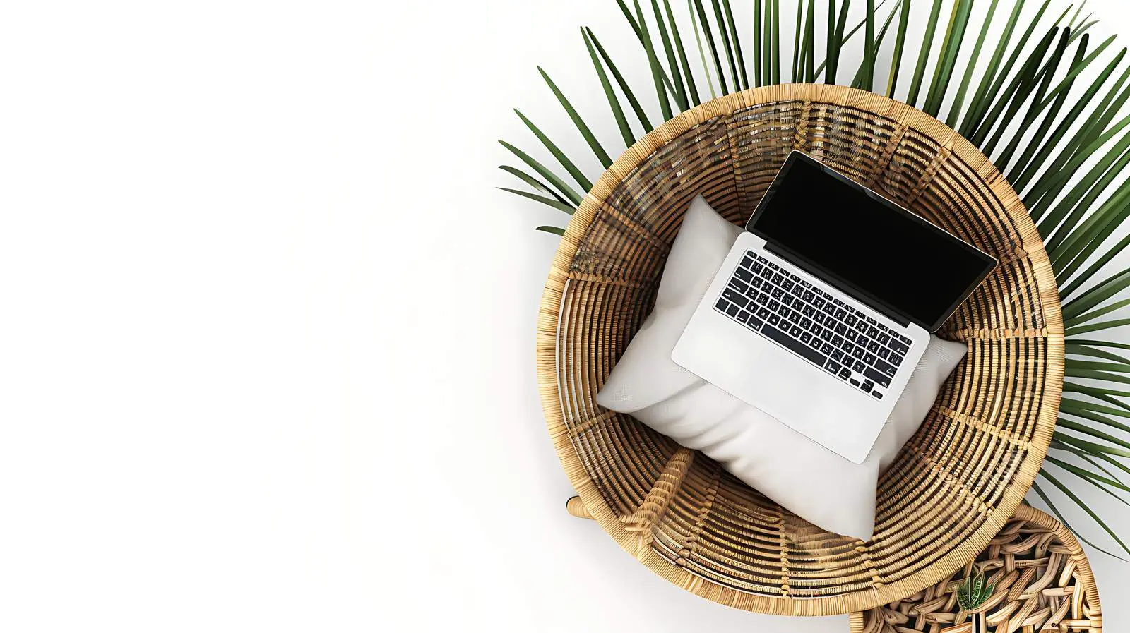 Laptop on Rattan Lounge Chair Flatlay – free float image from Dotvec