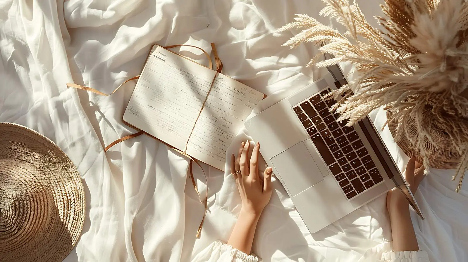 Aesthetic Flatlay of Hands Working on Laptop — free download from Dotvec