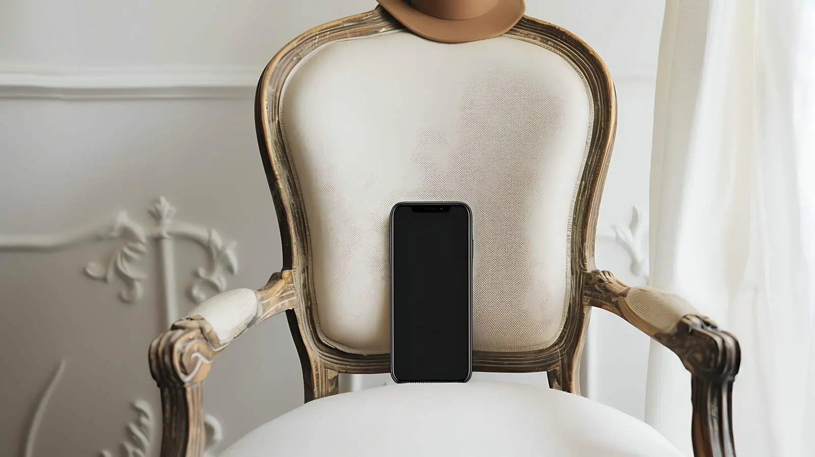 Flatlay of Phone on Vintage Chair with Hat — free download from Dotvec