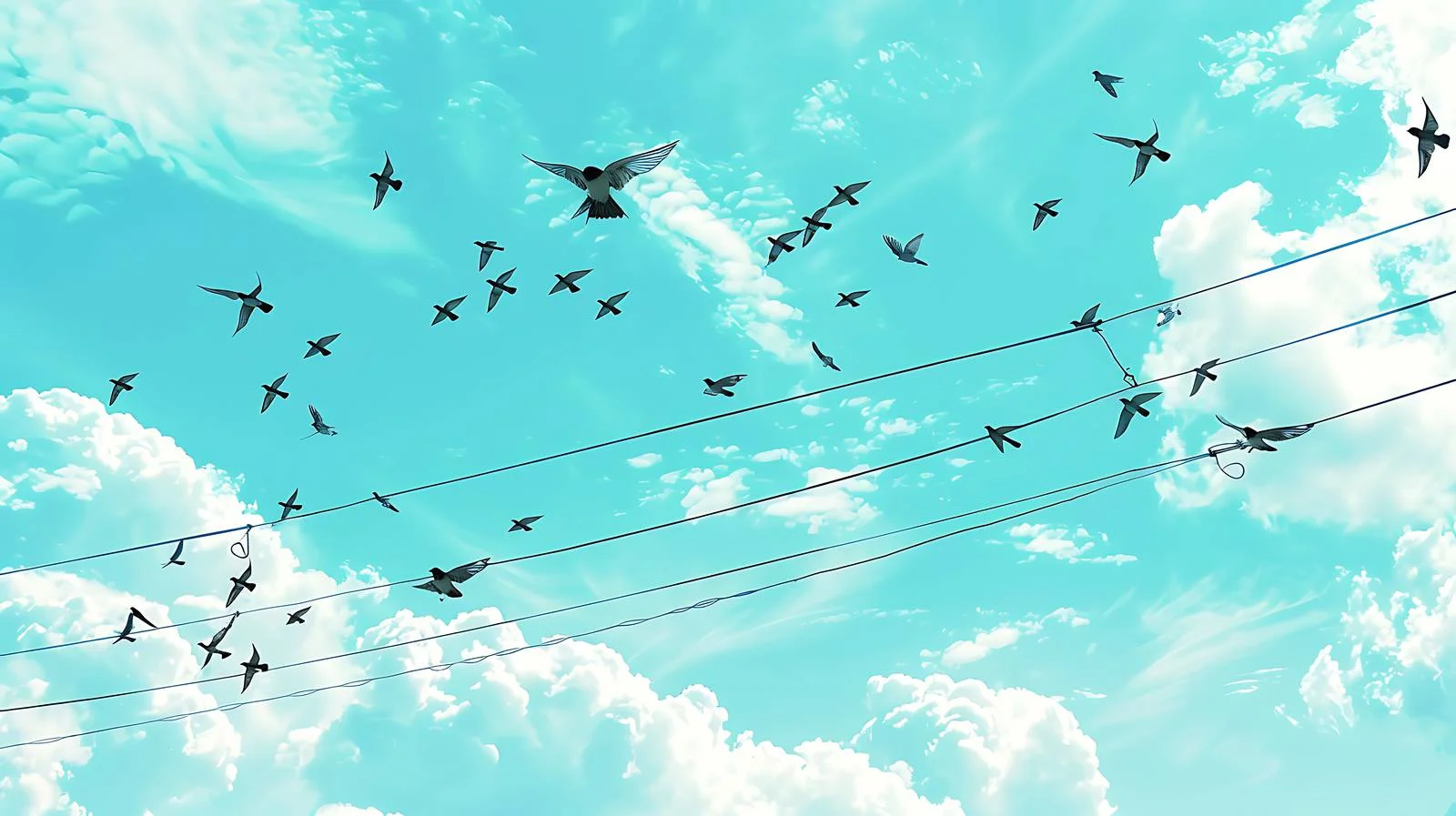 Swallows perched on wires against blue sky — free download from Dotvec