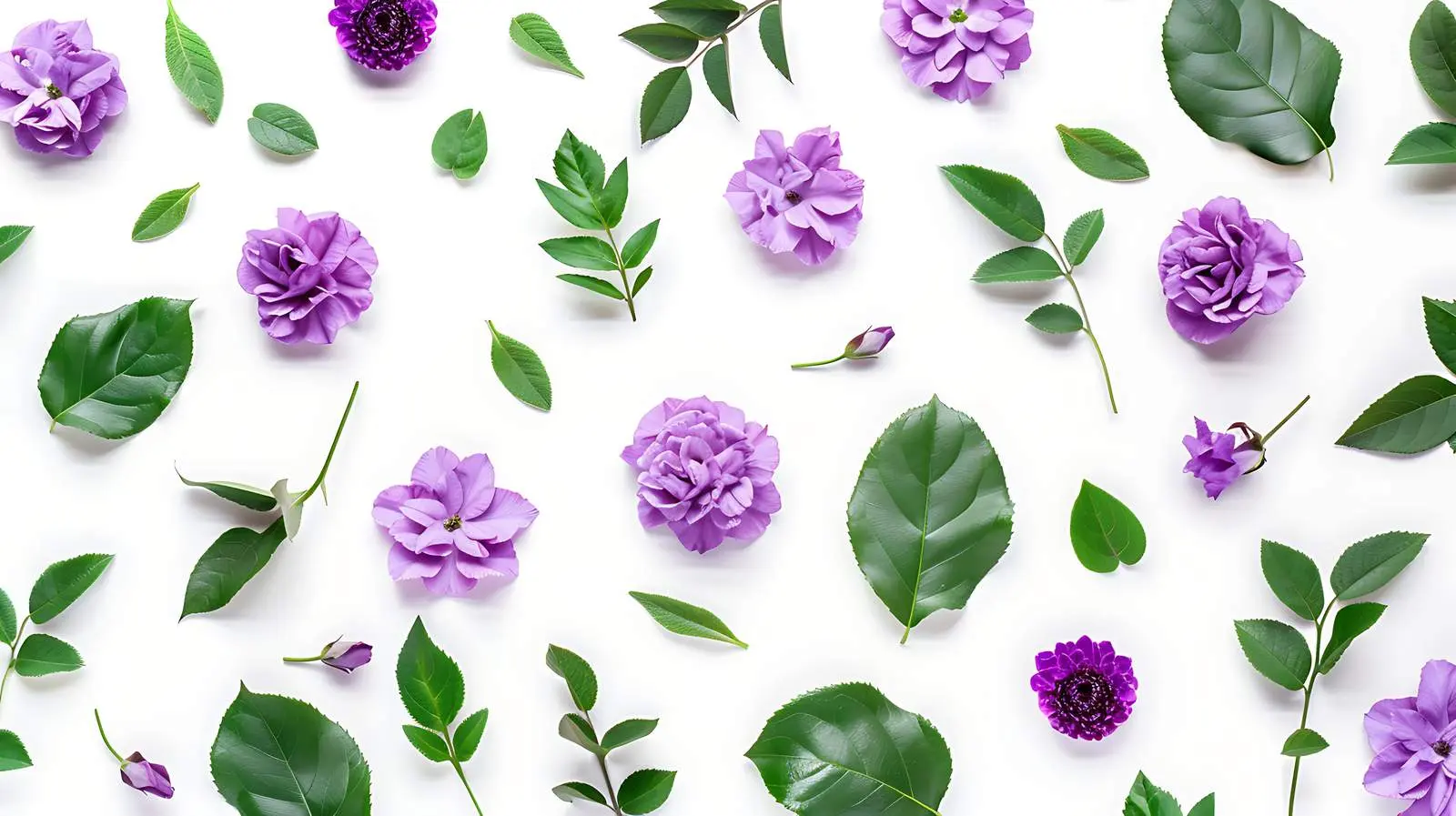 Purple Floral Pattern with Green Leaves on White Background – free art print image from Dotvec