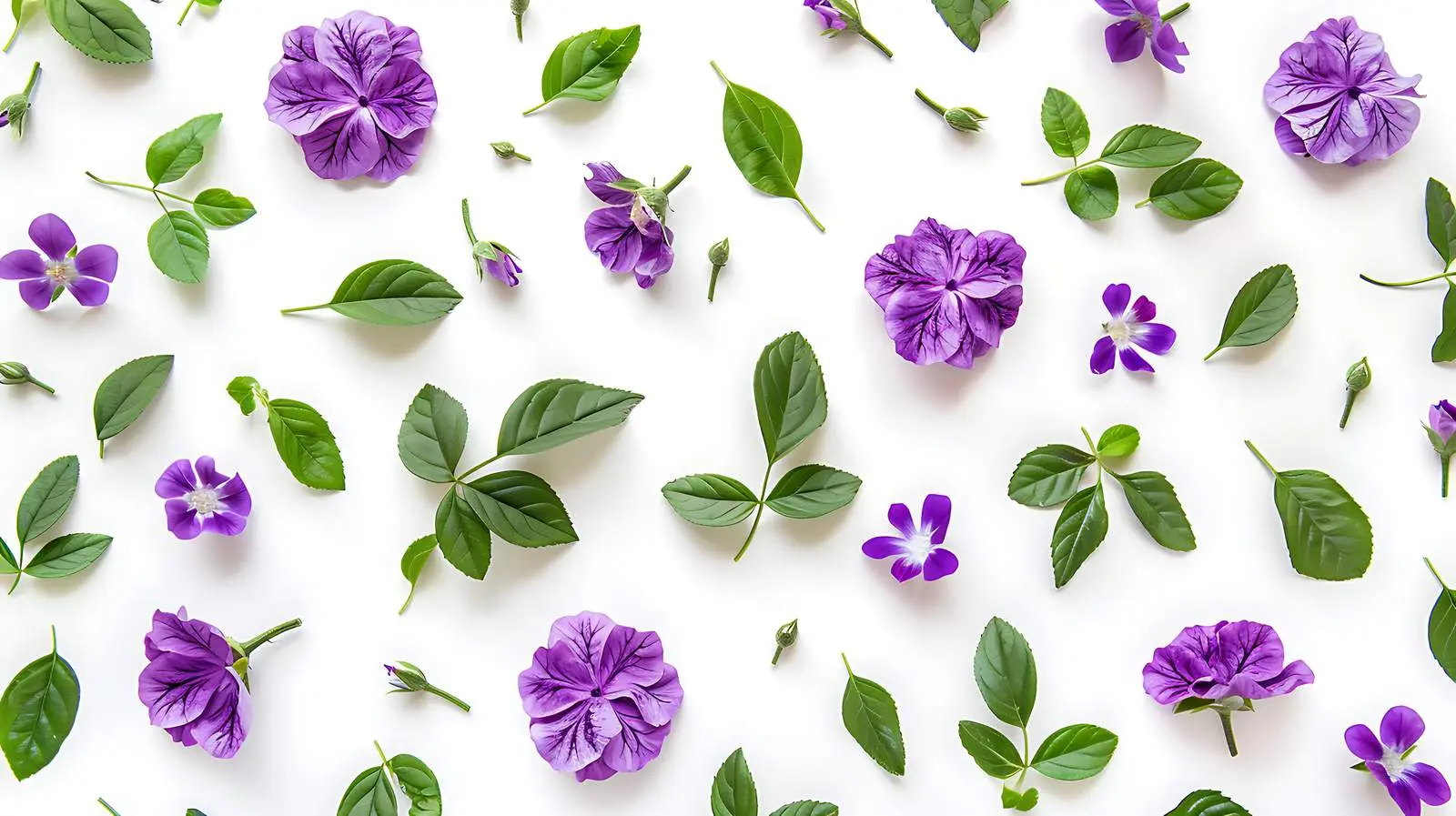 Purple Floral Pattern with Green Leaves on White Background – free abstract image from Dotvec