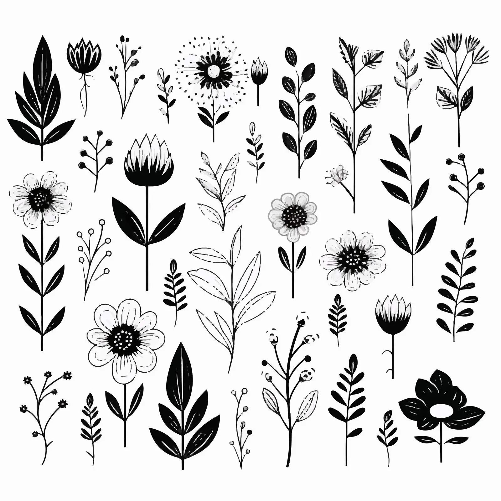 Black Floral Summer Doodle Clip Art Set – free artistic illustrations image from Dotvec