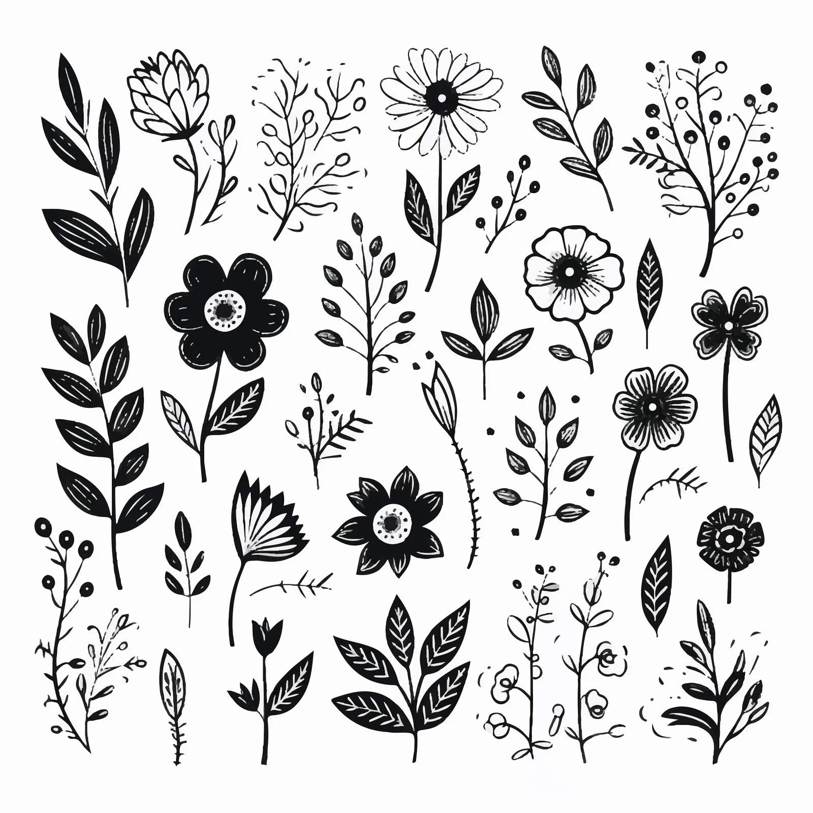 Black Floral Summer Doodle Clip Art Set — free download from Dotvec