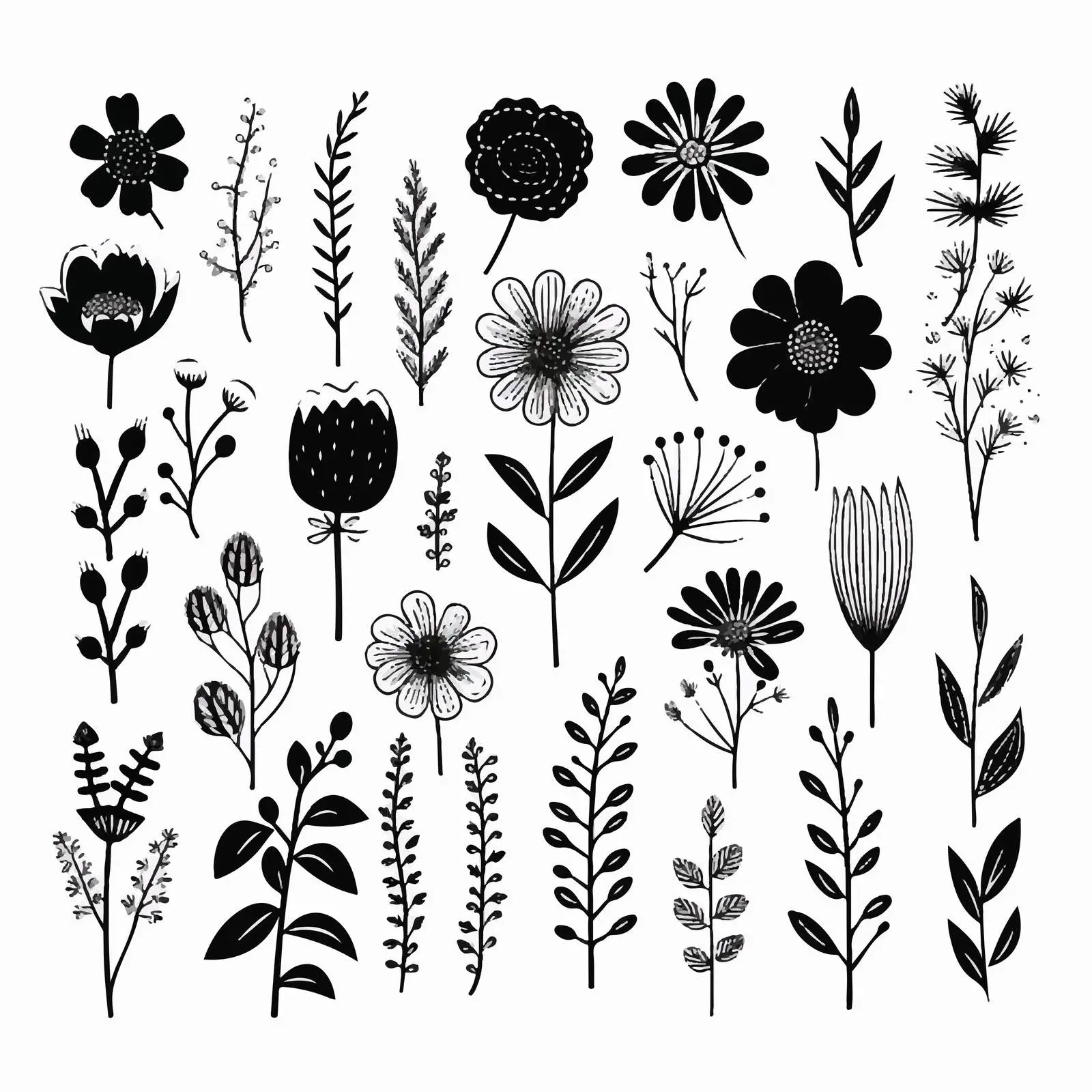 Black Summer Floral Doodle Clip Art Set — free download from Dotvec