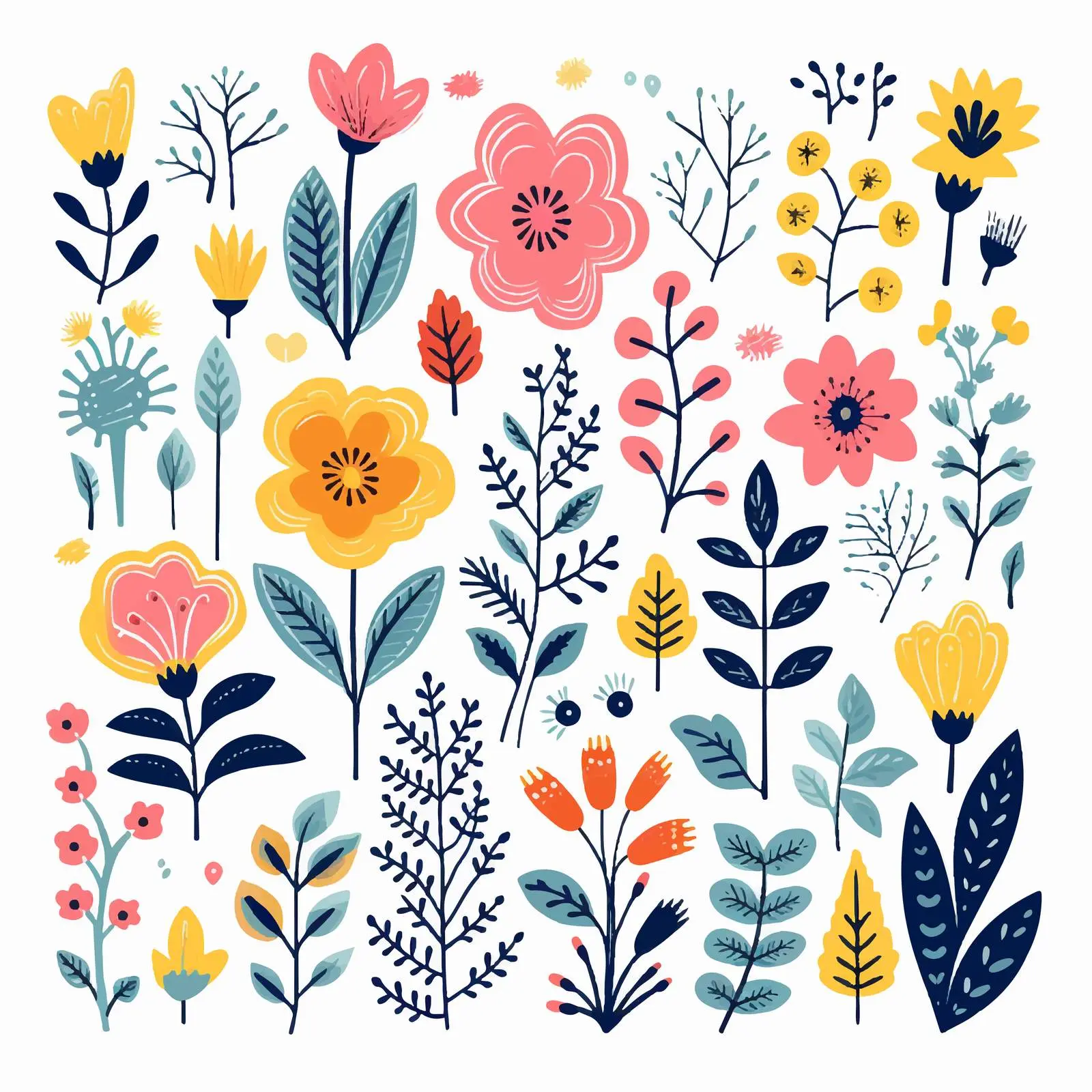 Bright Summer Floral Doodle Clip Art Set – free art for print image from Dotvec