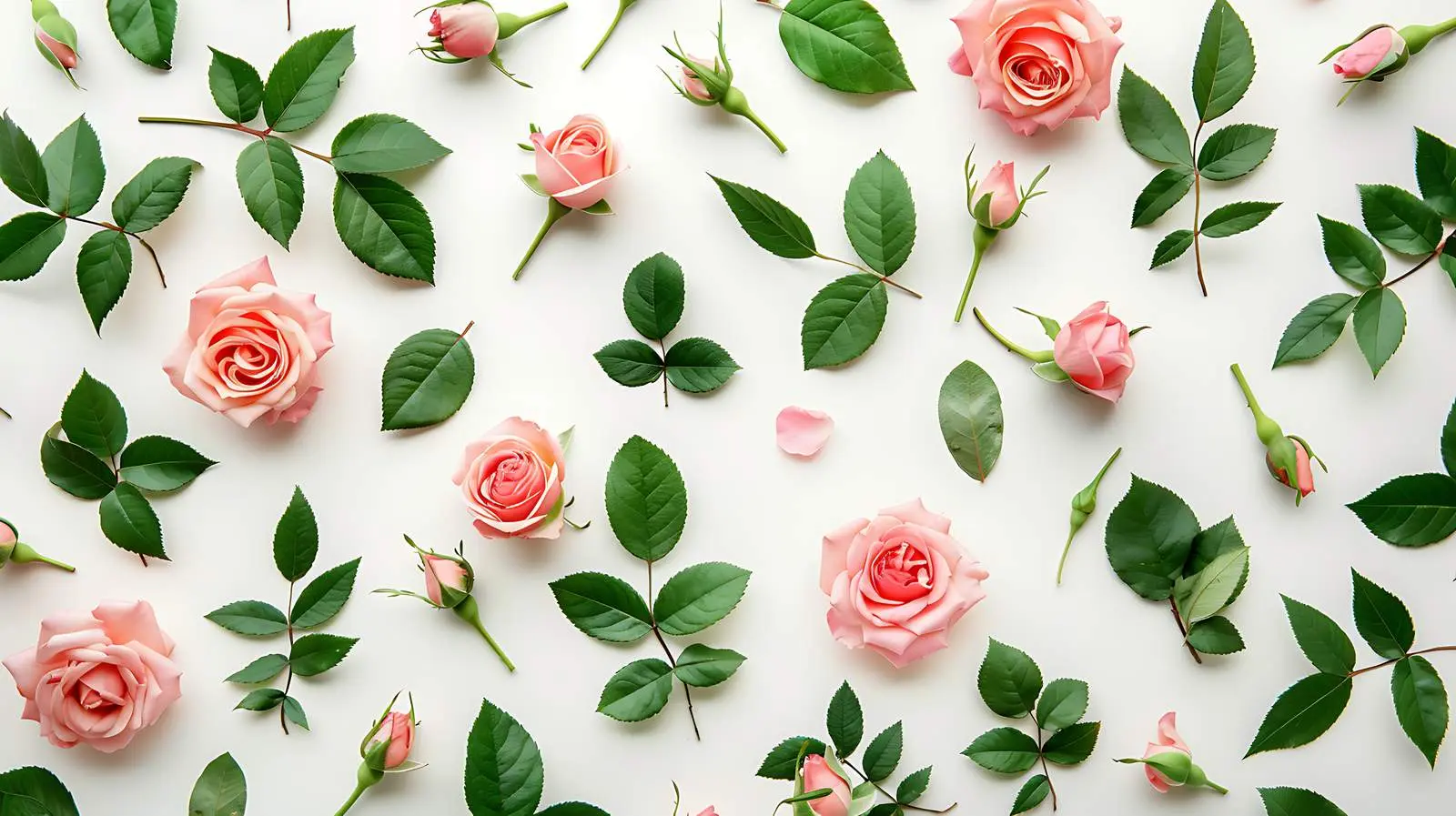 Pink Roses and Green Leaves on White Background — free download from Dotvec
