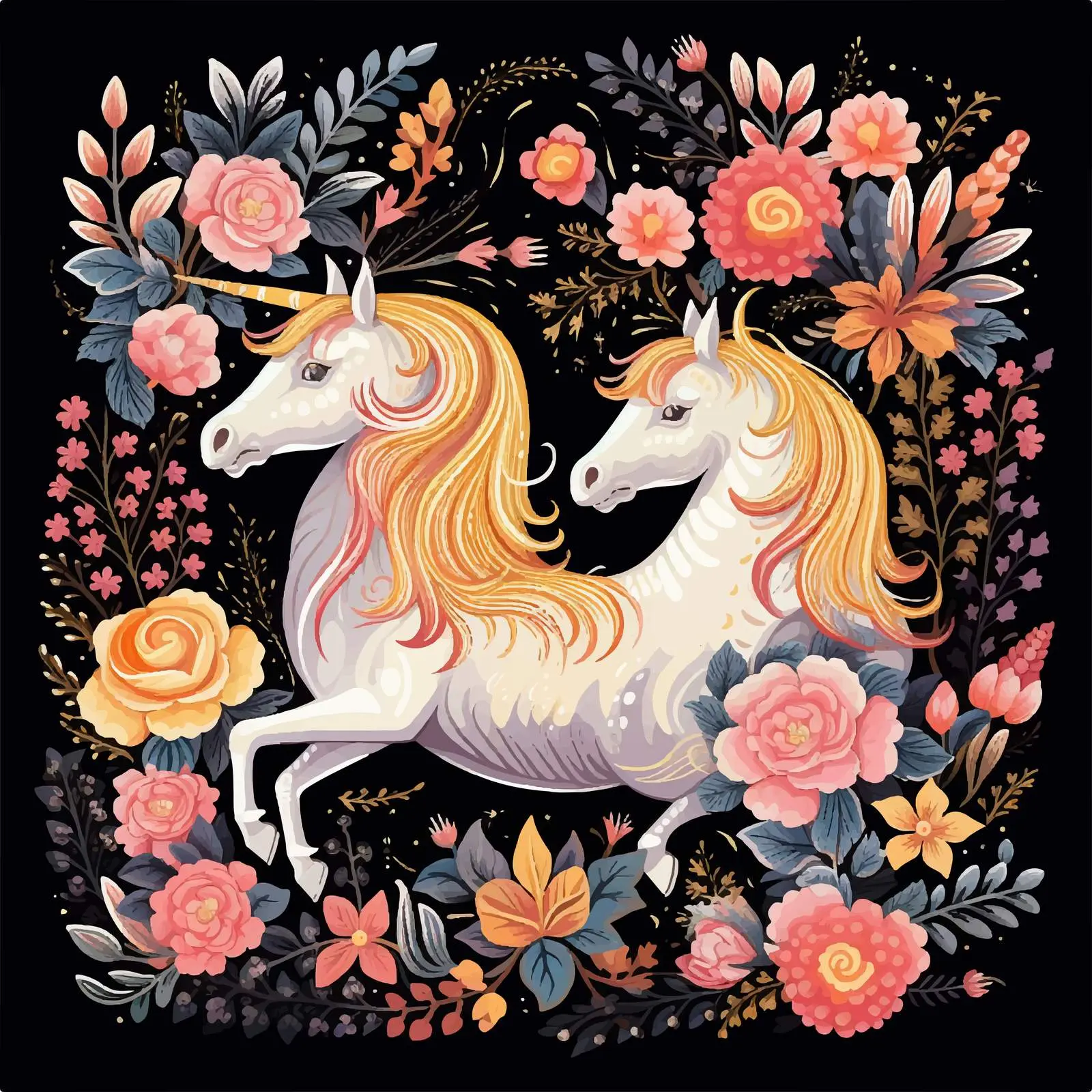 Whimsical Flower Compositions with Unicorns Clip Art — free download from Dotvec