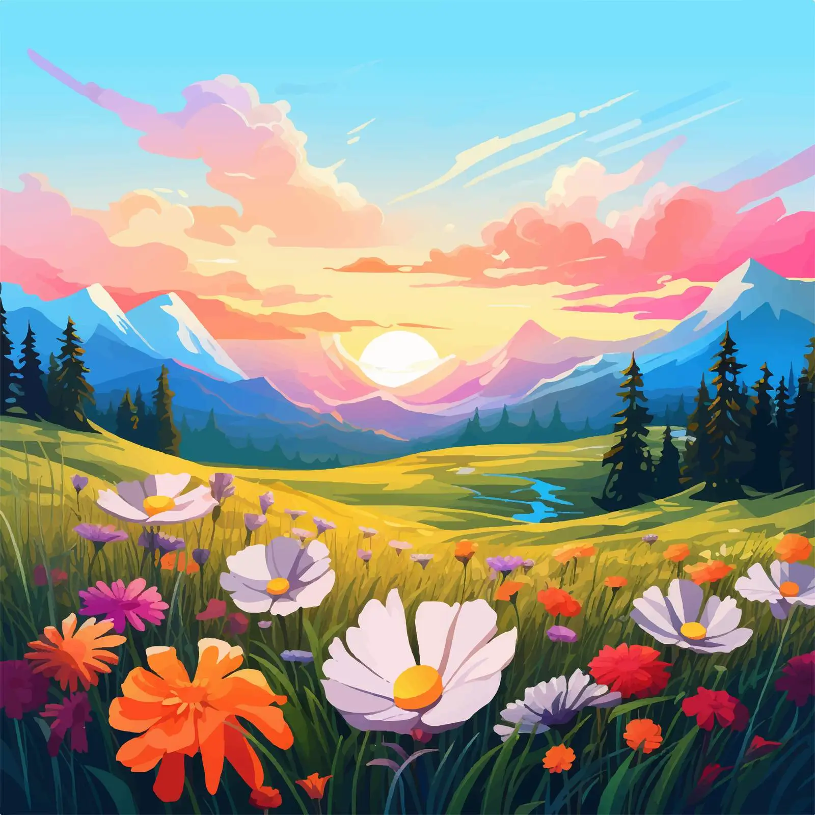 Sunset Over Flower Field and Mountains – free field of flowers image from Dotvec