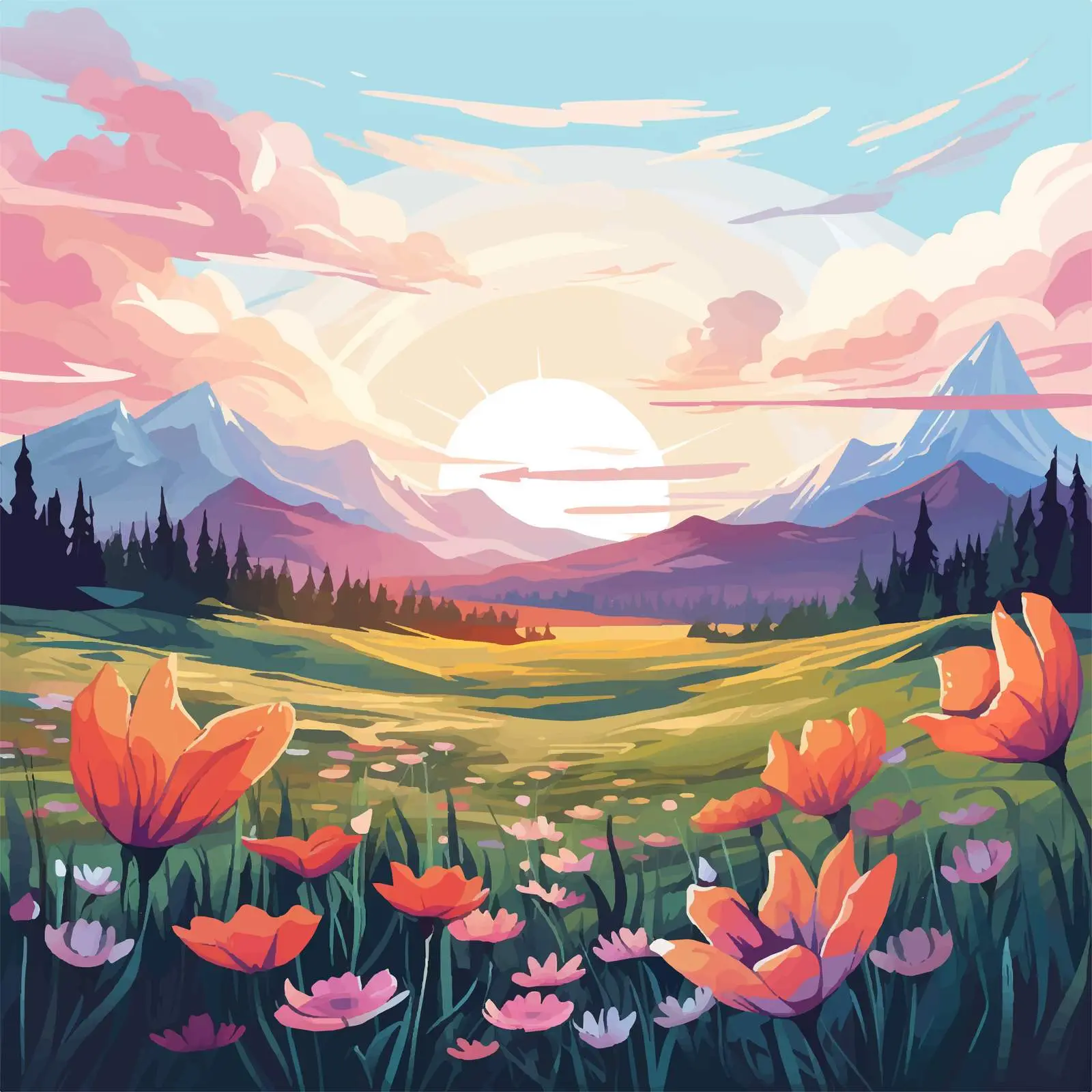 Scenic Flower Field and Mountain Sunset View — free download from Dotvec