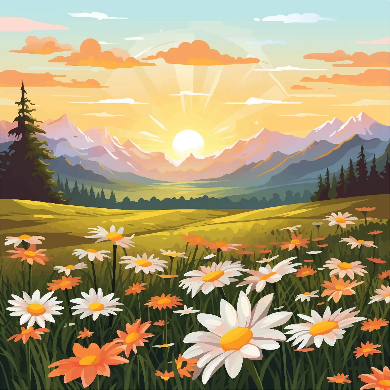 Mountain Sunset Over Flower Field and Grass — free download from Dotvec