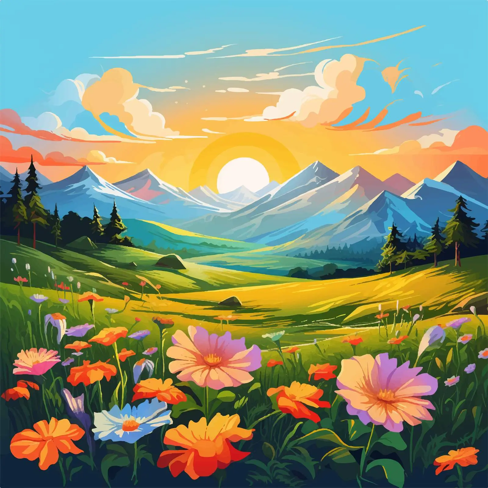 Vibrant Sunset Over Flower Field and Mountains — free download from Dotvec