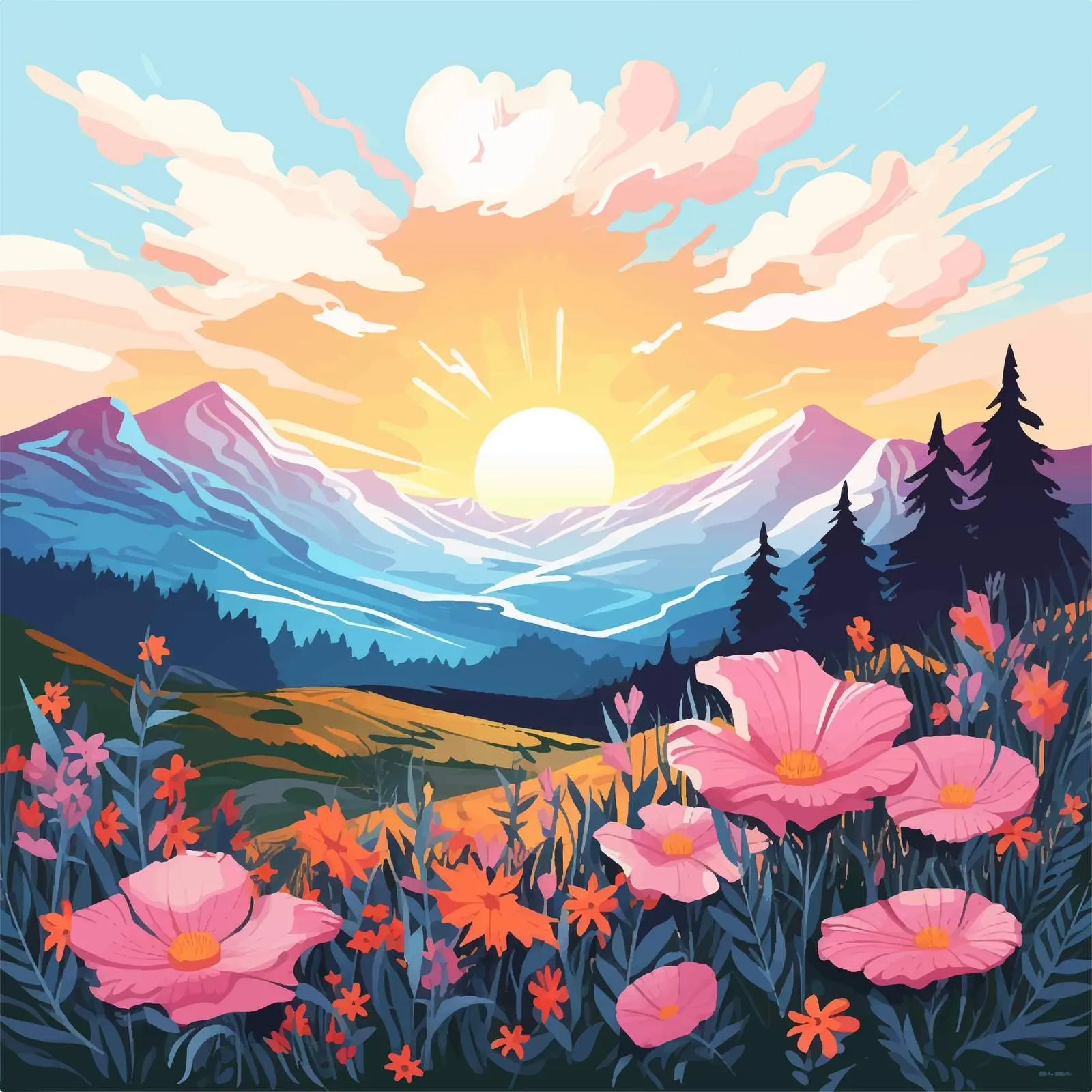 Flower Field with Mountain Sunset Backdrop — free download from Dotvec