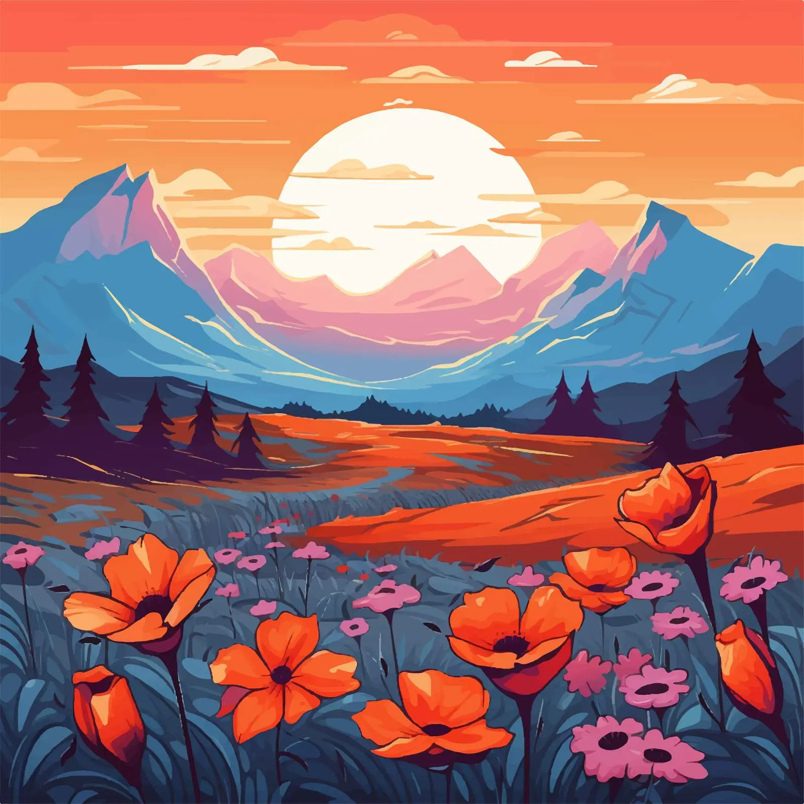 Sunset Flower Field and Mountain Landscape — free download from Dotvec