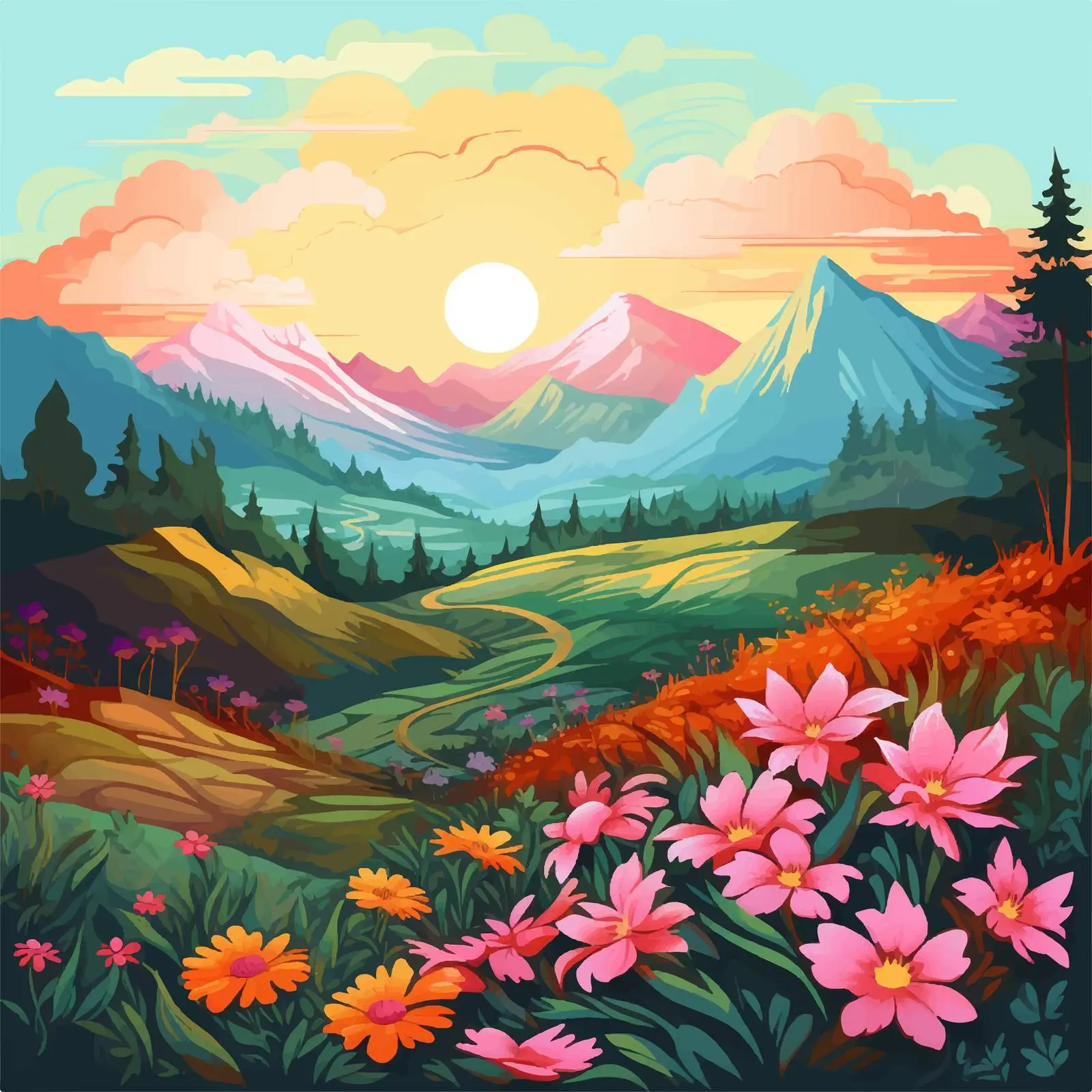 Sunset Flower Field with Mountain Background — free download from Dotvec