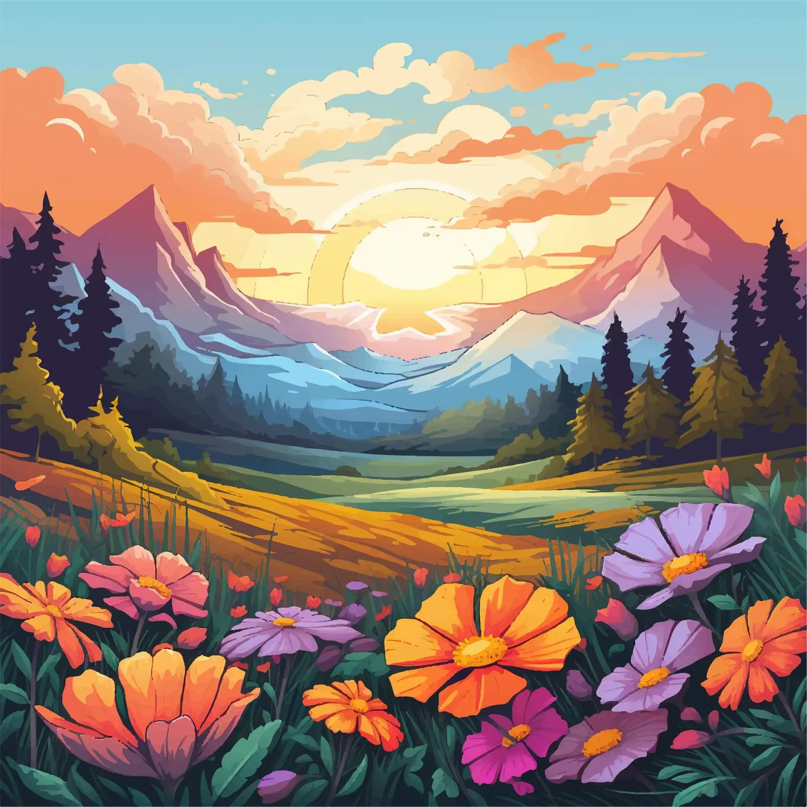 Flower Field and Mountain Sunset Vector – free artistic scenery image from Dotvec