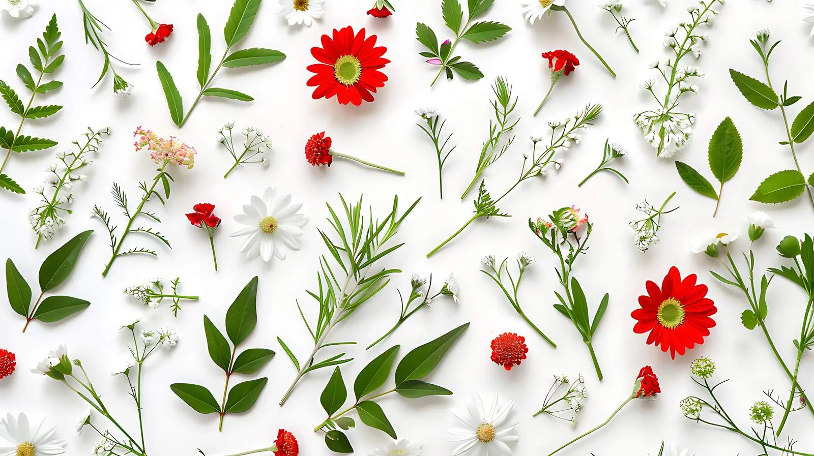Red and White Wildflower Pattern with Green Leaves – free organic image from Dotvec