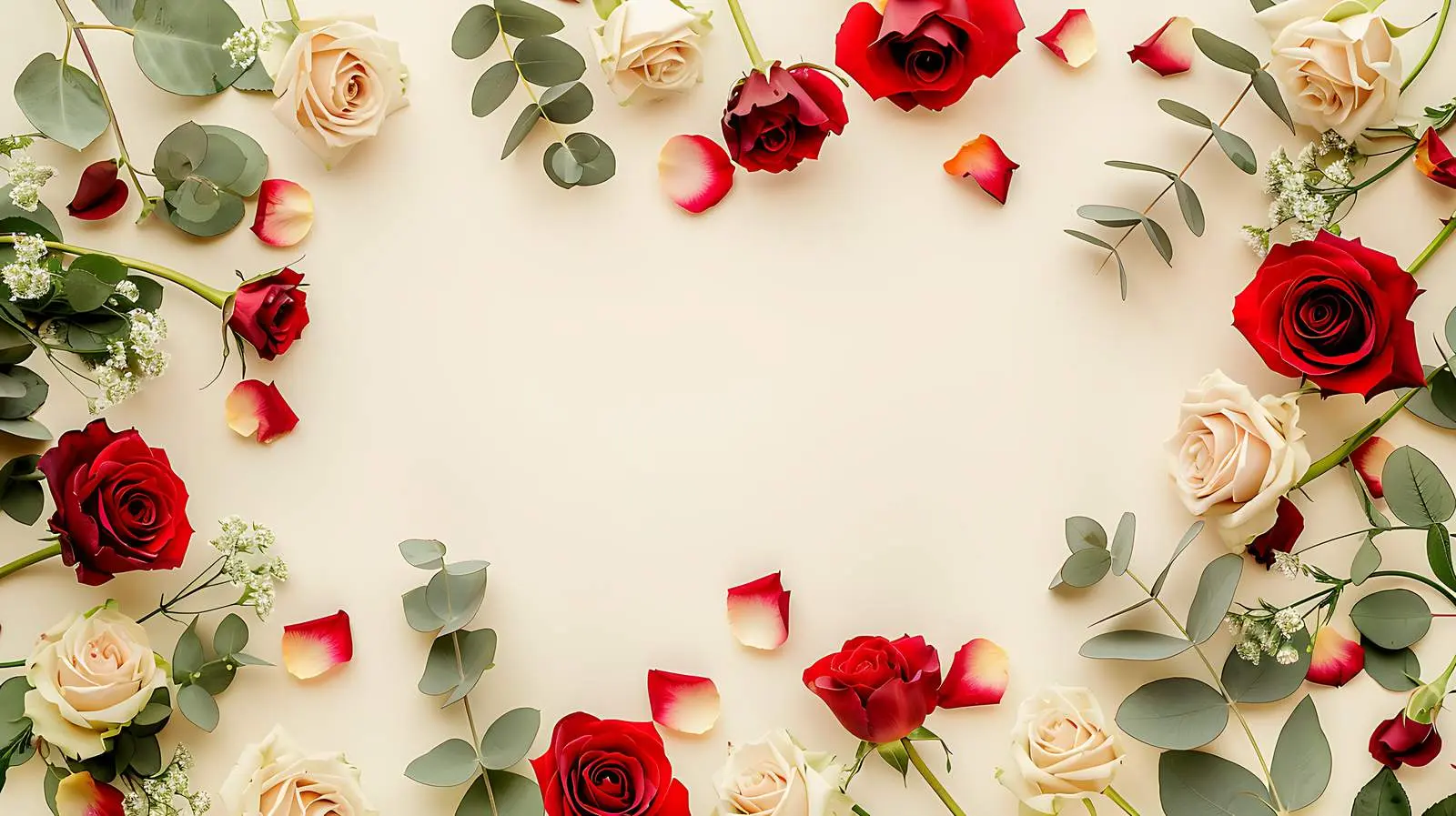 Beige and Red Roses with Eucalyptus Frame – free garden image from Dotvec