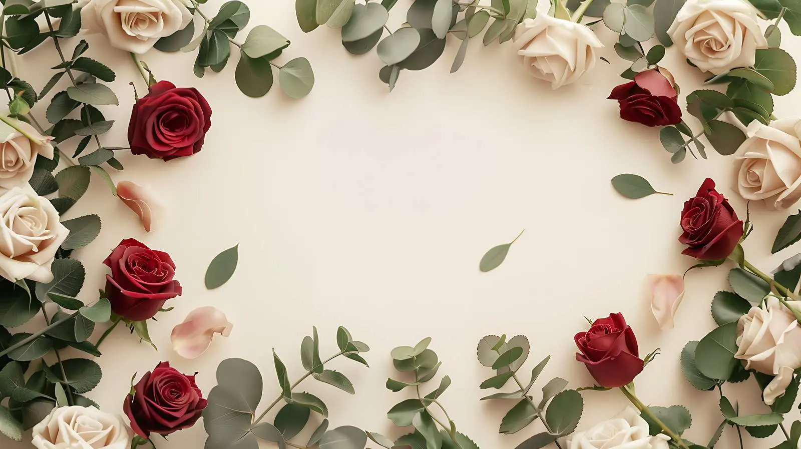Beige and Red Roses Frame with Eucalyptus Leaves – free garden image from Dotvec