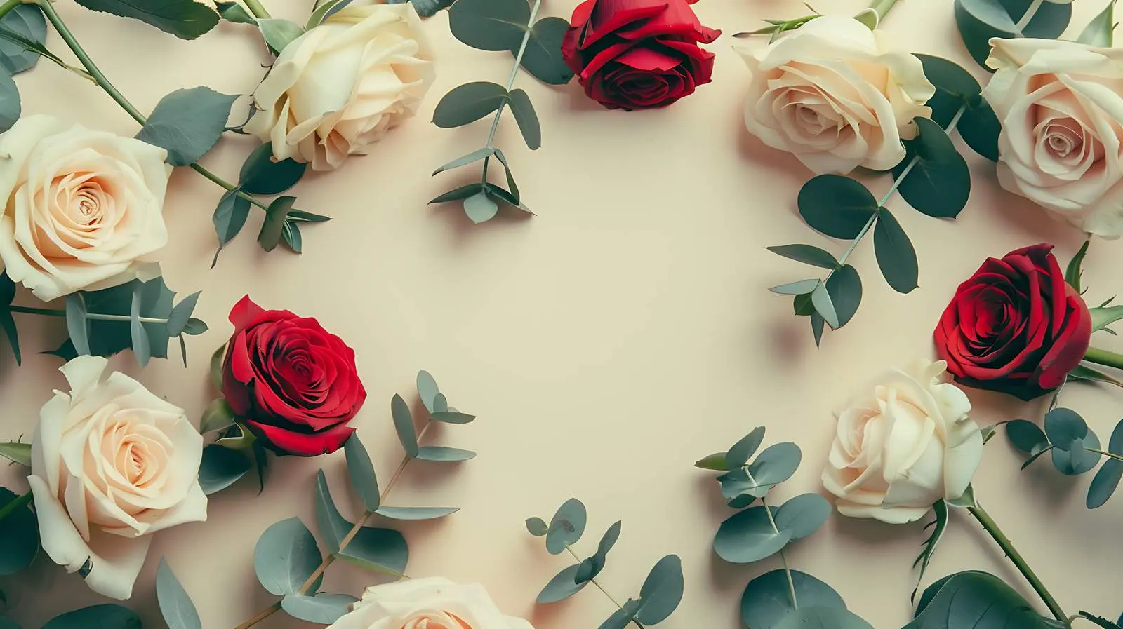 Beige and Red Roses Frame with Eucalyptus – free natural image from Dotvec