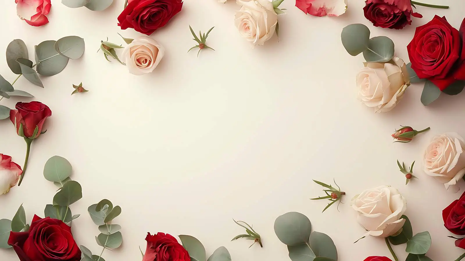 Beige and Red Roses Frame with Eucalyptus – free natural image from Dotvec