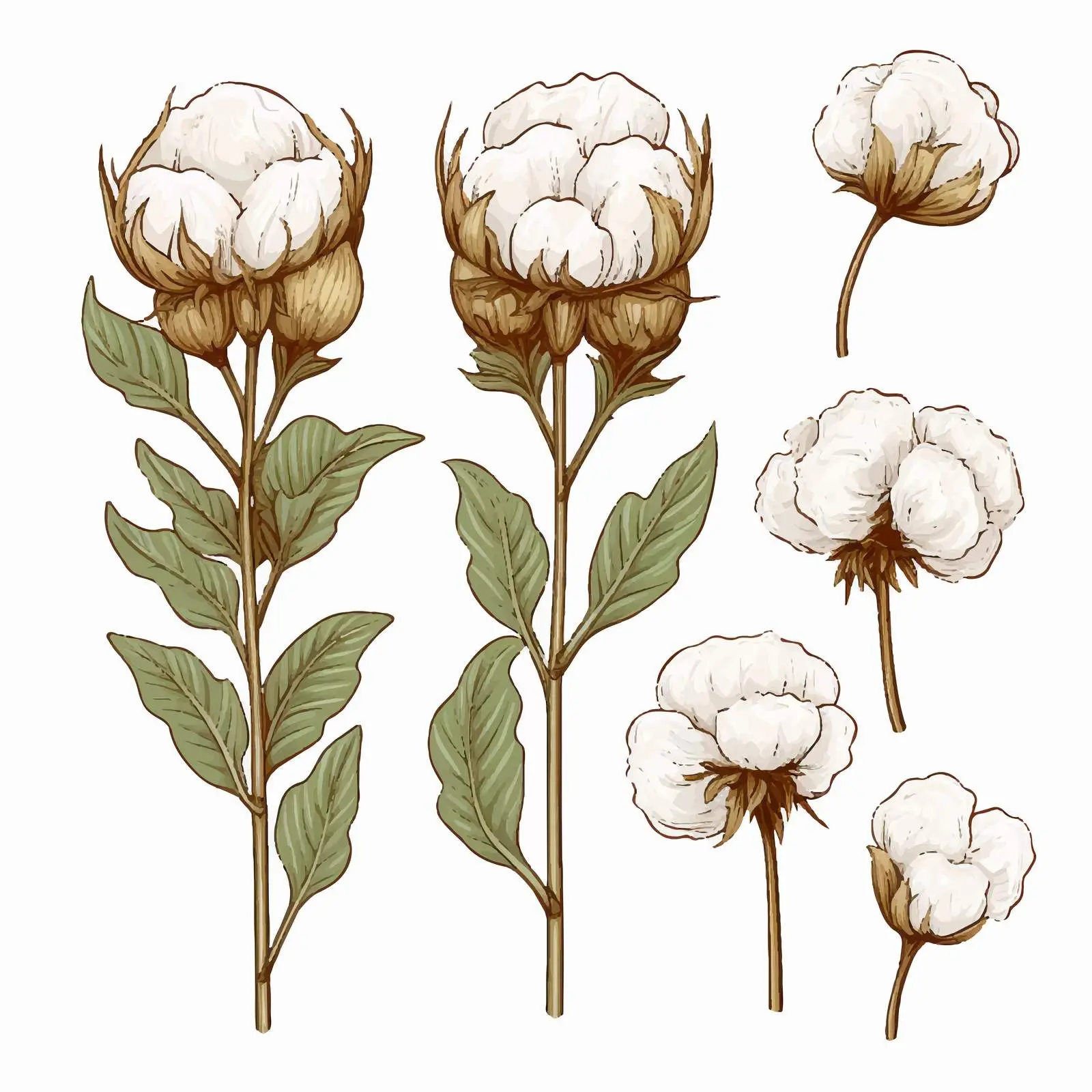 Fluffy Cotton Flower Bolls and Buds Vector — free download from Dotvec