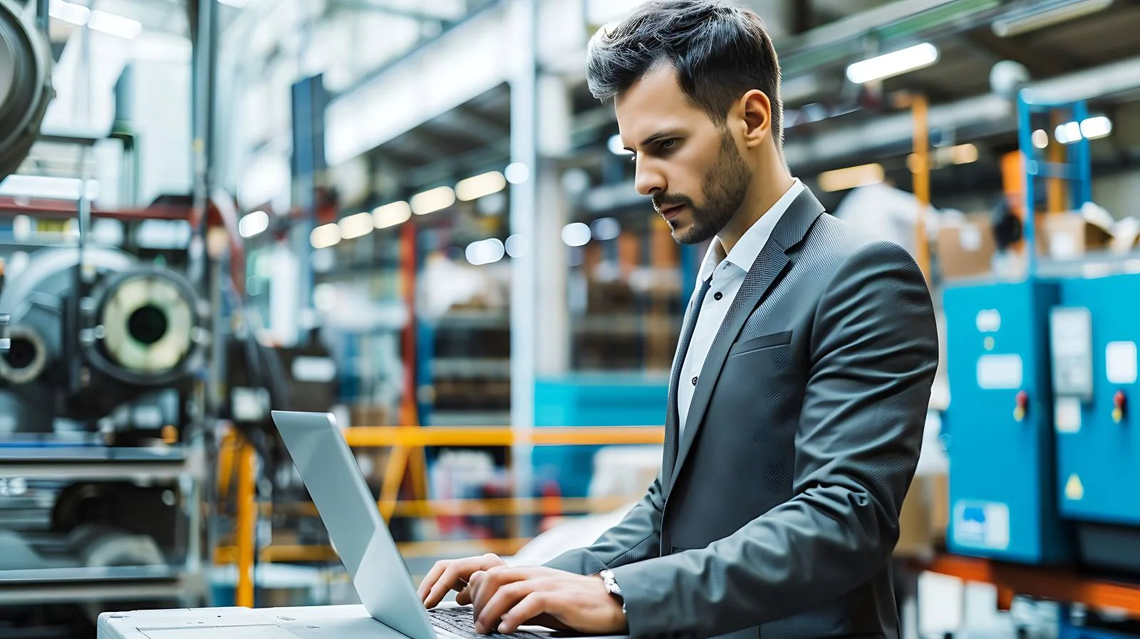 Concentrated Manager Operating Laptop in Industrial Setting — free download from Dotvec