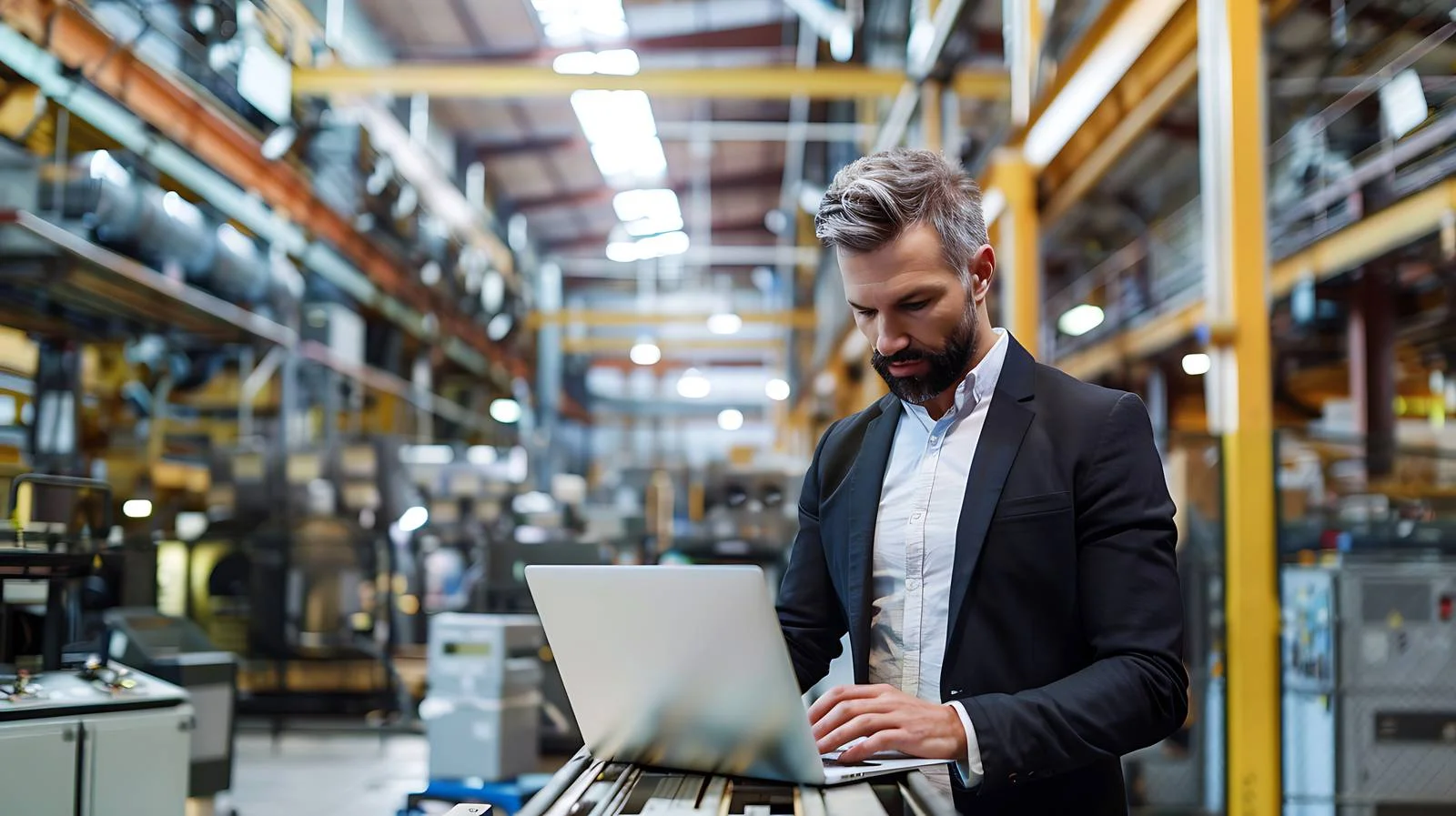Businessman working on laptop in industrial setting — free download from Dotvec