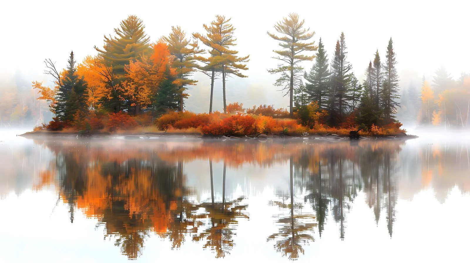 Misty Autumn Trees Surround Small Island — free download from Dotvec