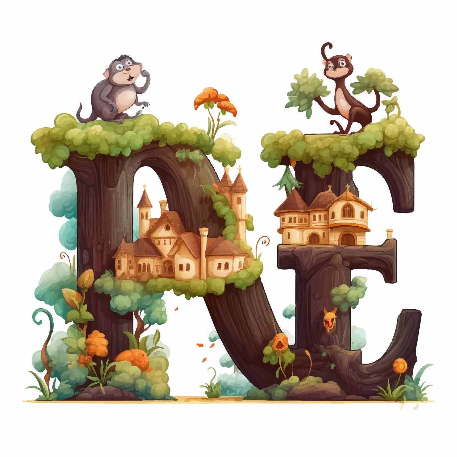 Enchanted Forest Font Design with Playful Monkeys — free download from Dotvec