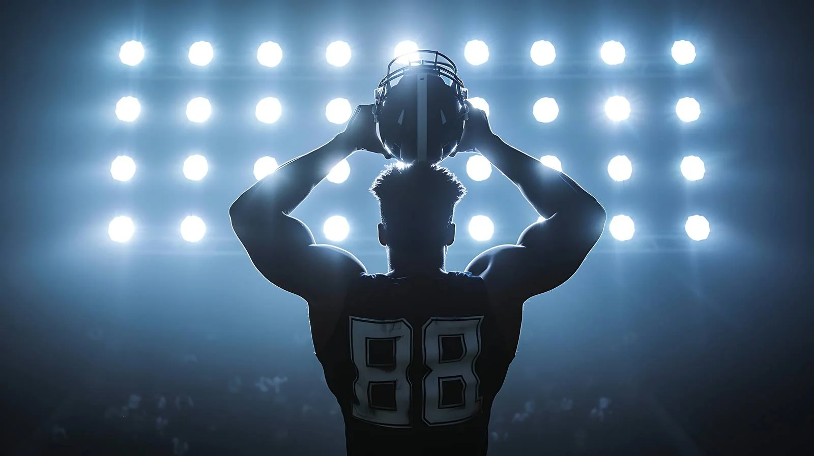 Player lifting helmet beneath stadium lights — free download from Dotvec