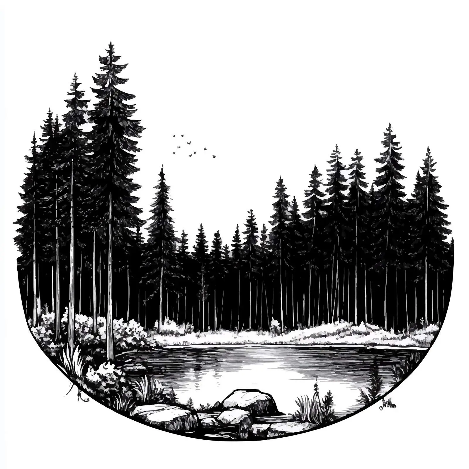Monochrome Hand-Drawn Woodland Landscape — free download from Dotvec