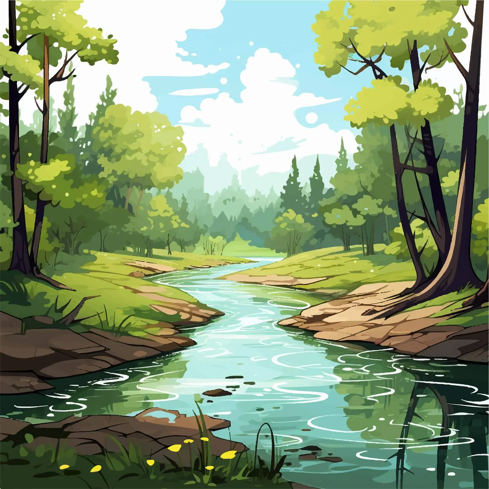 Serene Forest Scene with River and Trees Illustration — free download from Dotvec