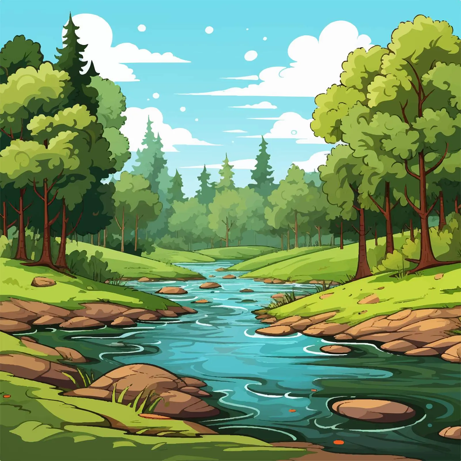 Forest Scene with River and Trees Illustration — free download from Dotvec