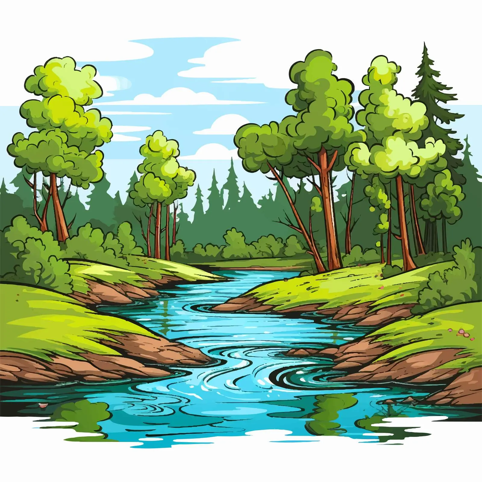 River and Trees Forest Illustration Vector Art — free download from Dotvec