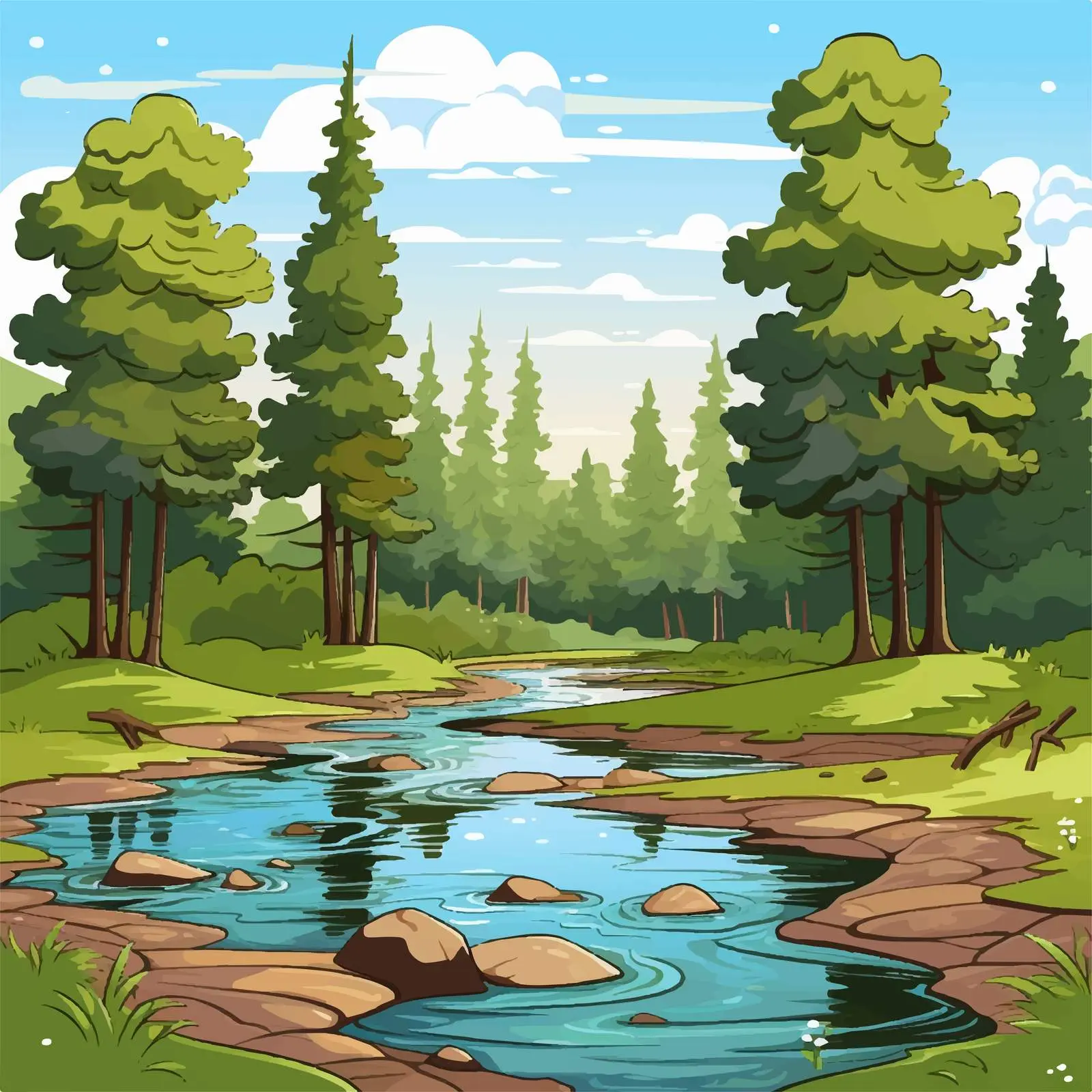 River and Trees Forest Scene Illustration — free download from Dotvec