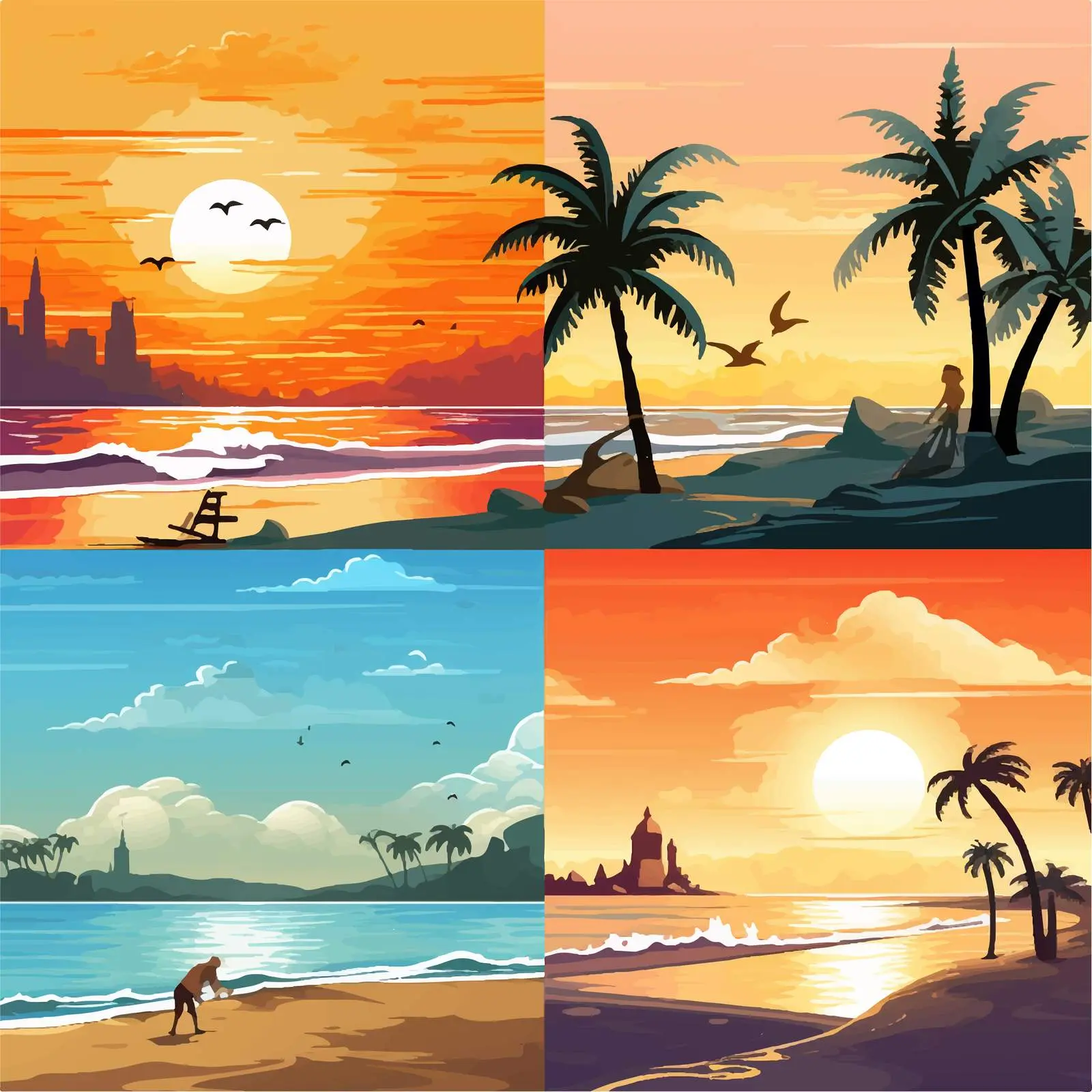 Four Beach Scenes at Various Times of Day – free dusk image from Dotvec