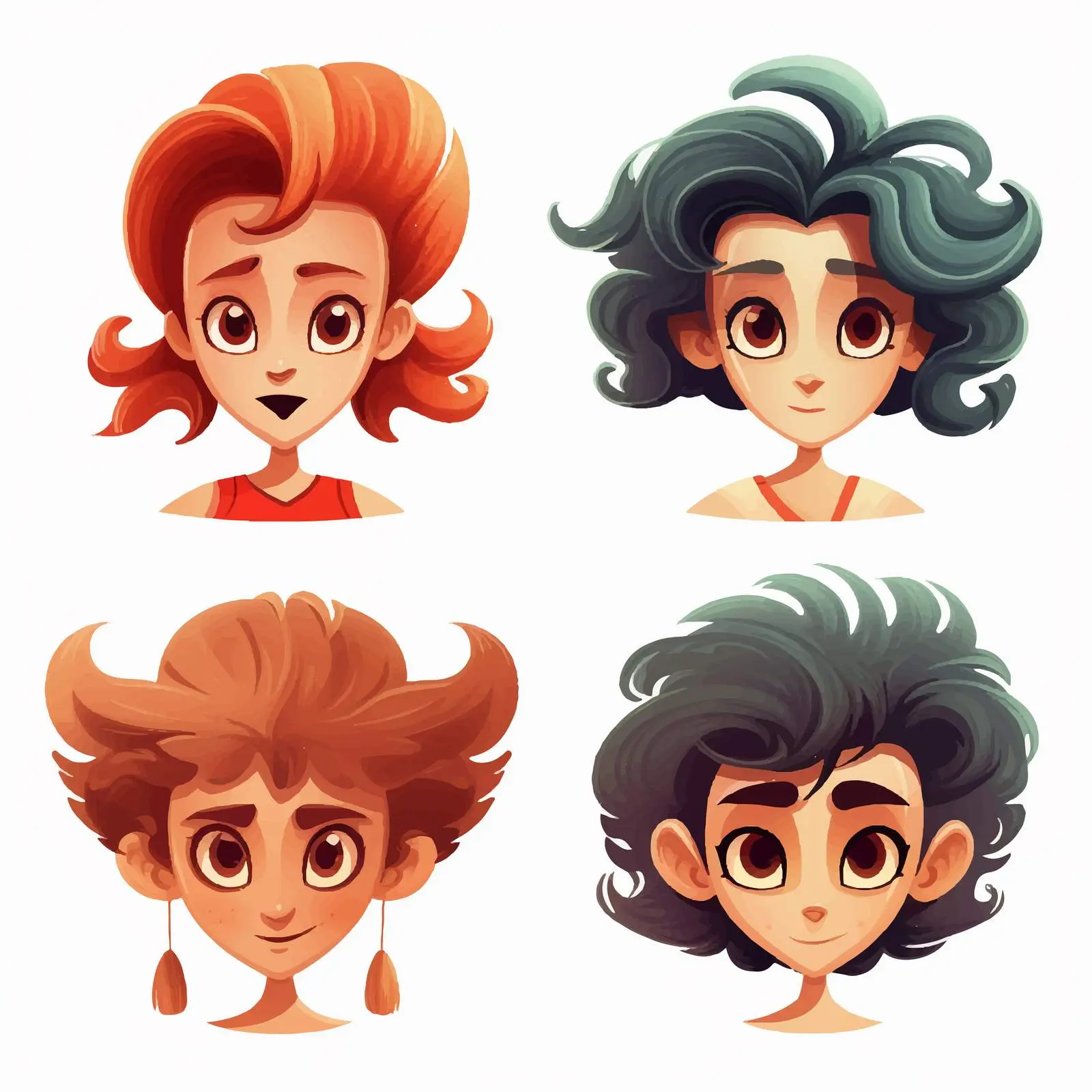 Four Cartoon Characters with Unique Hairstyles — free download from Dotvec