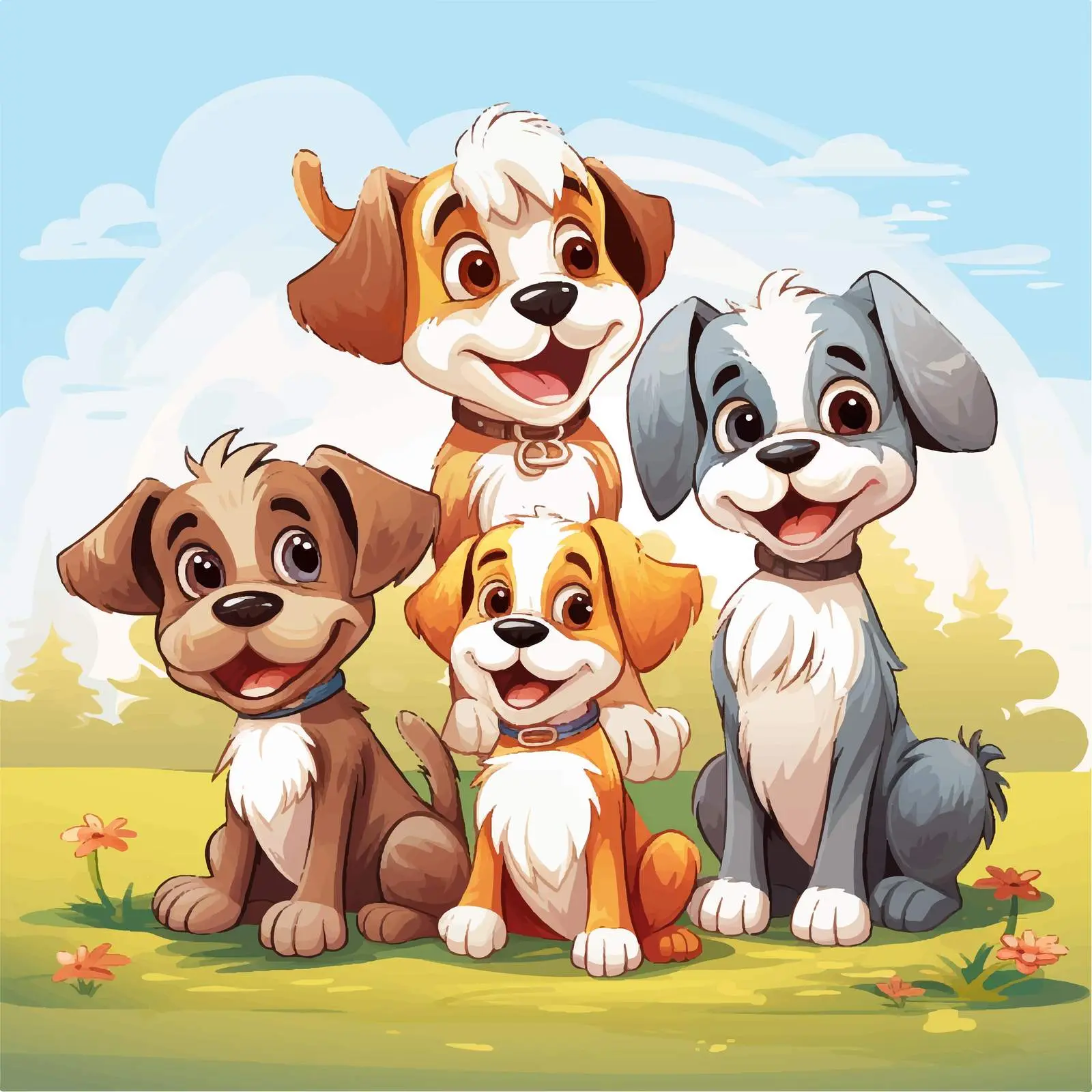 Four Cartoon Dogs Enjoying Outdoor Fun Together – free illustrated dog image from Dotvec
