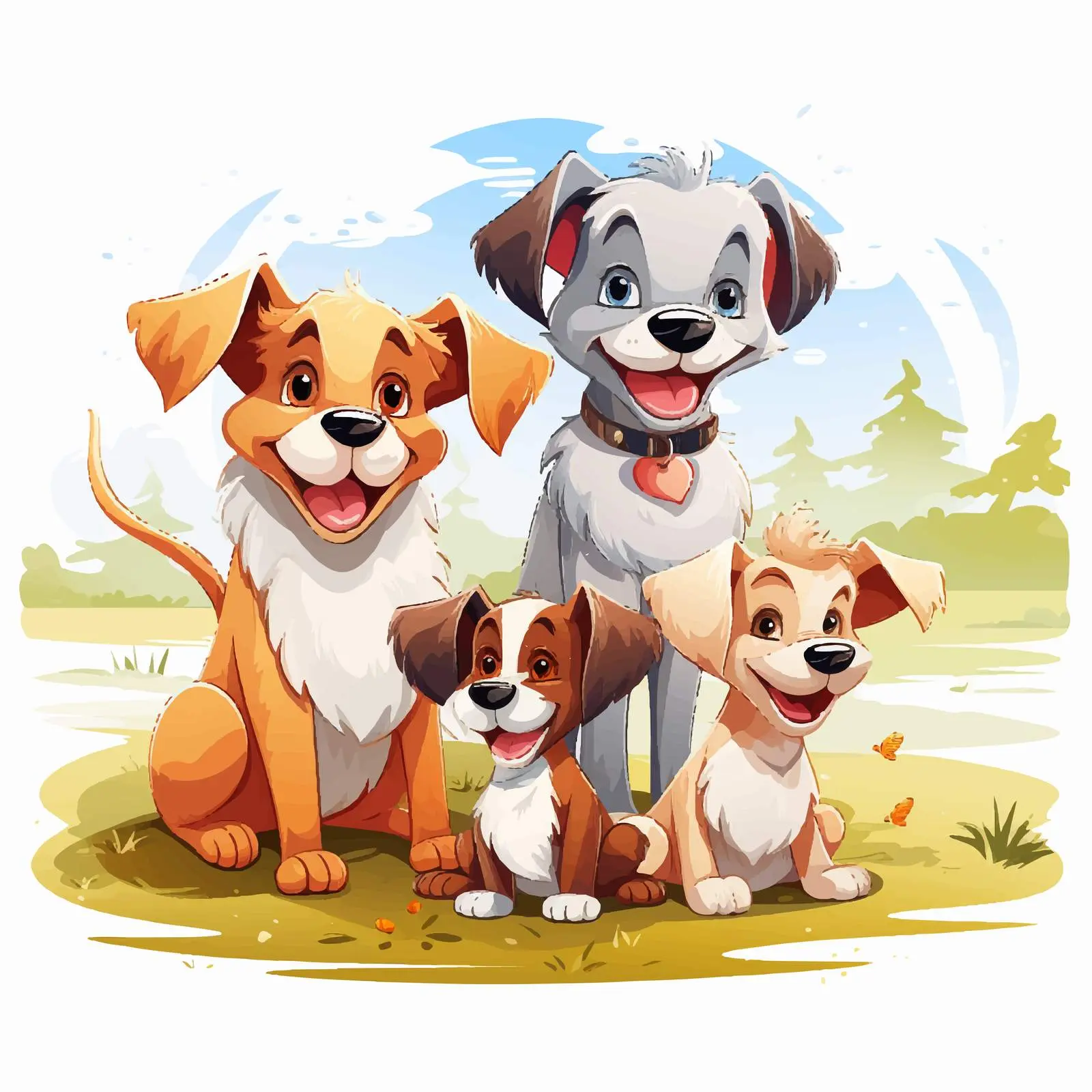Cartoon Dogs Enjoying Time Outdoors Together – free illustrated dog image from Dotvec