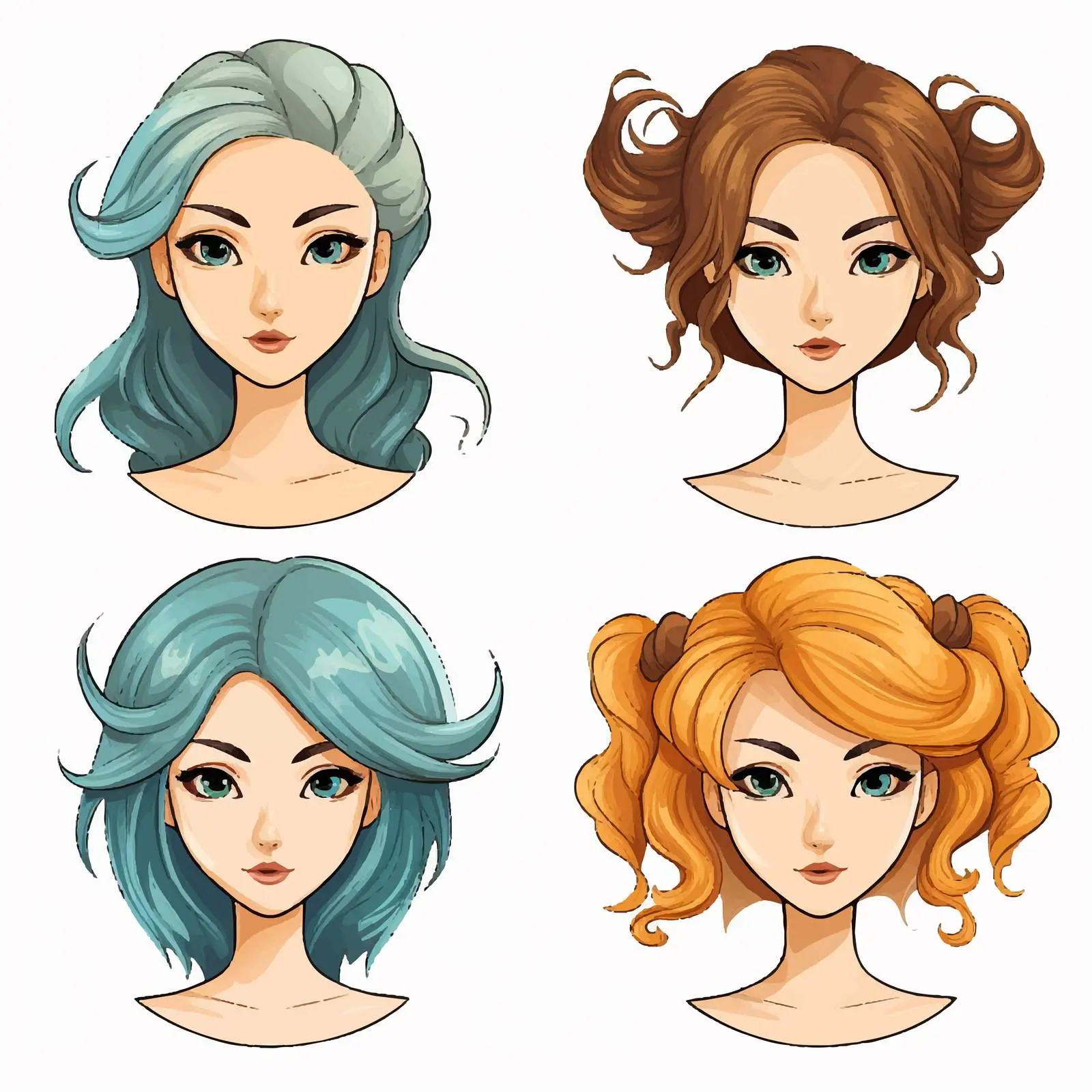 Four Cartoon Girl Faces with Unique Hairstyles — free download from Dotvec
