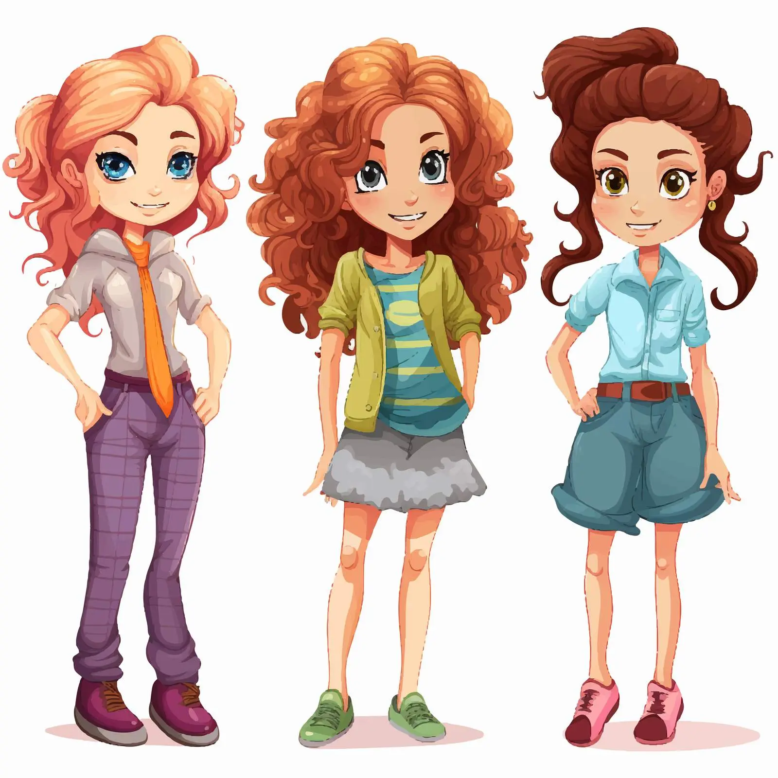 Diverse Cartoon Girls with Unique Hairstyles and Outfits — free download from Dotvec