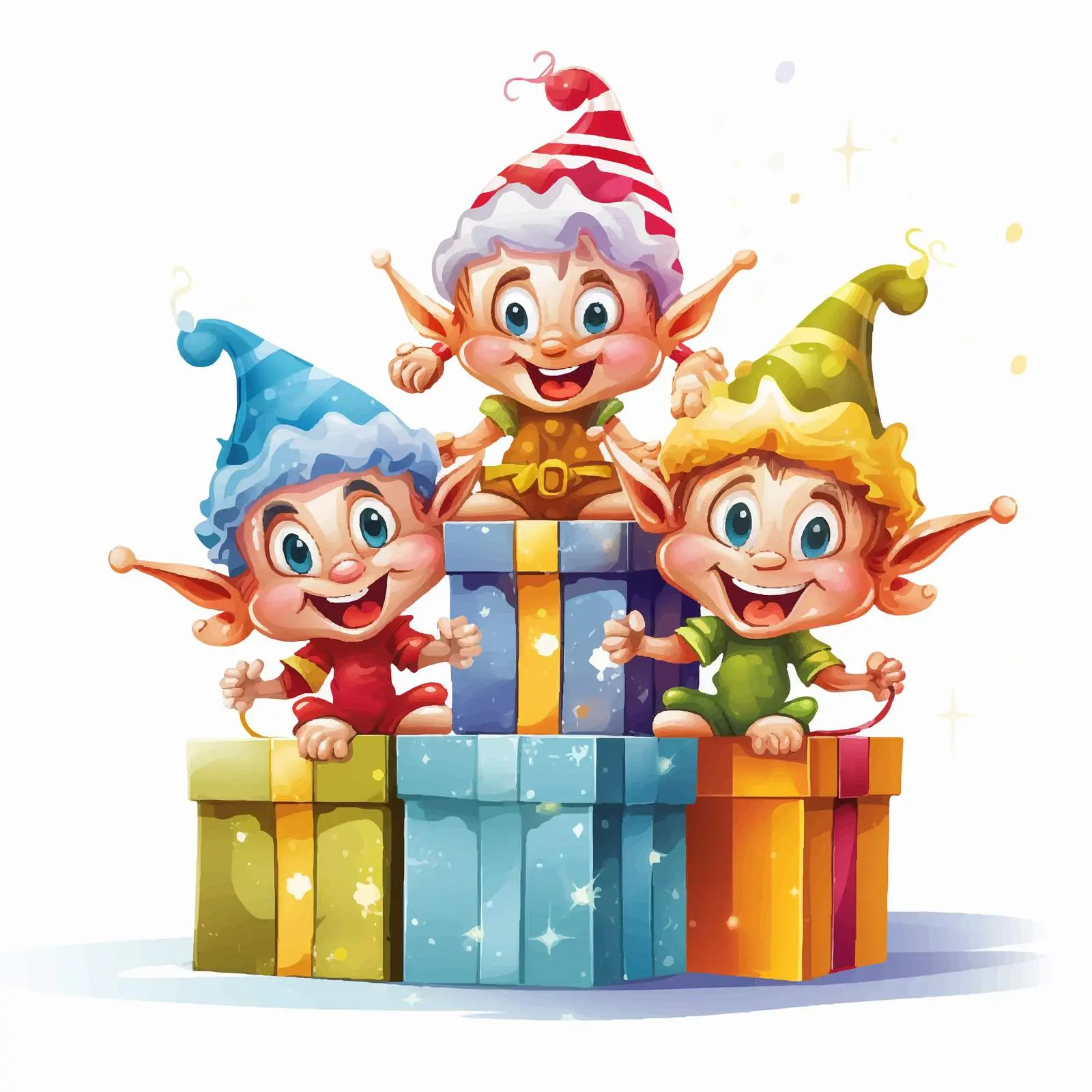Cheerful Elves on Colorful Presents Vector Art — free download from Dotvec