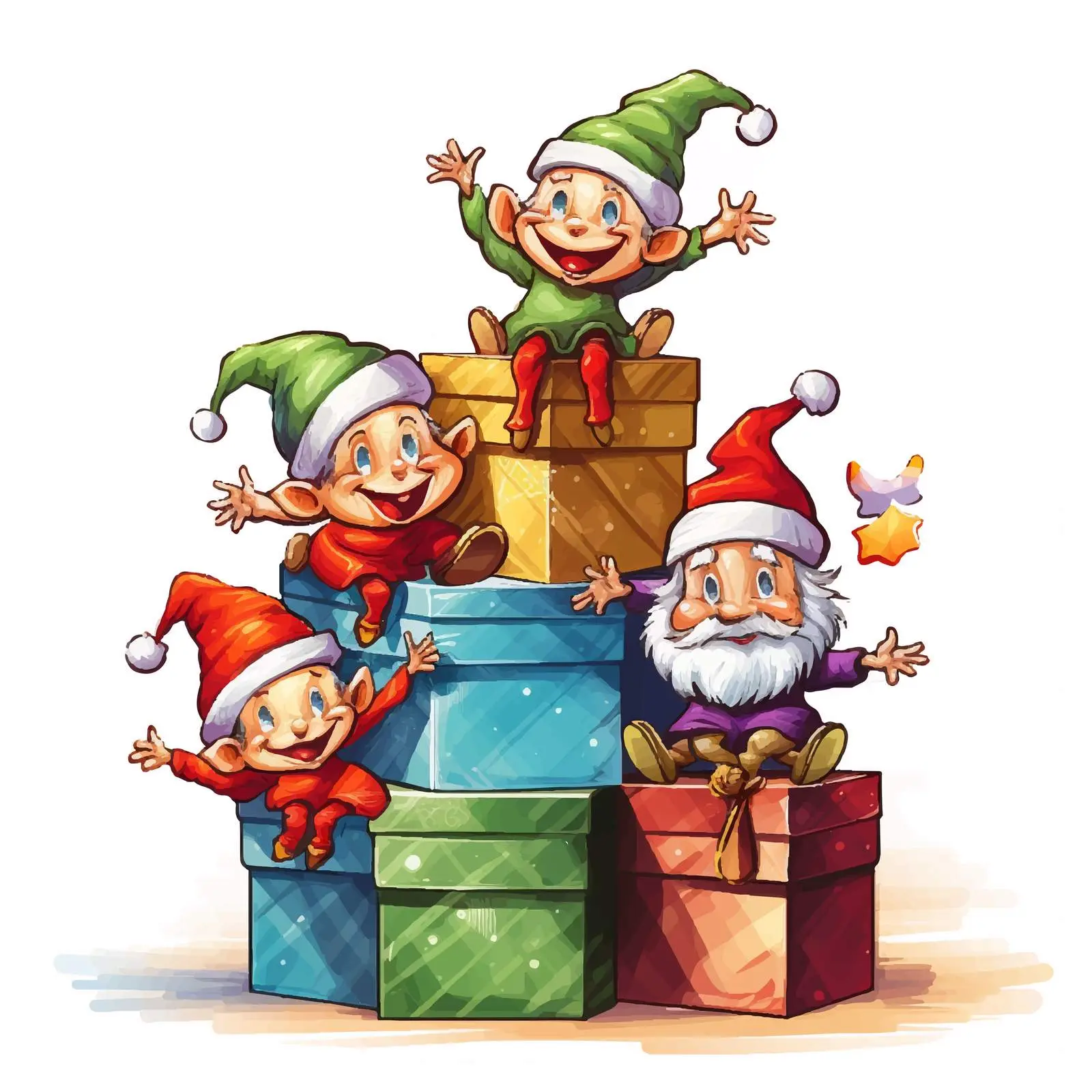 Cheerful Elves on Colorful Presents — free download from Dotvec