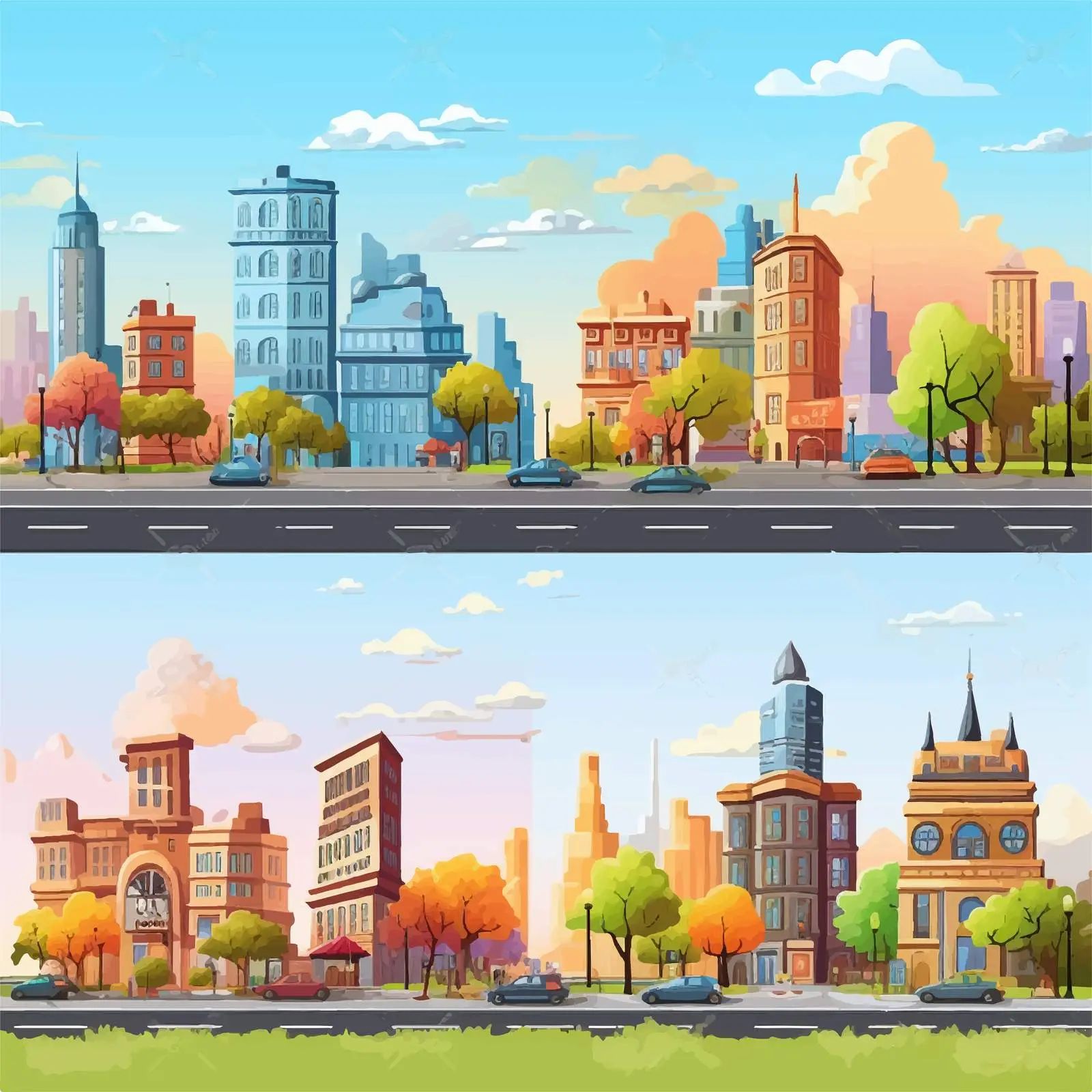 Four Daytime City Scenes Vector Illustration — free download from Dotvec
