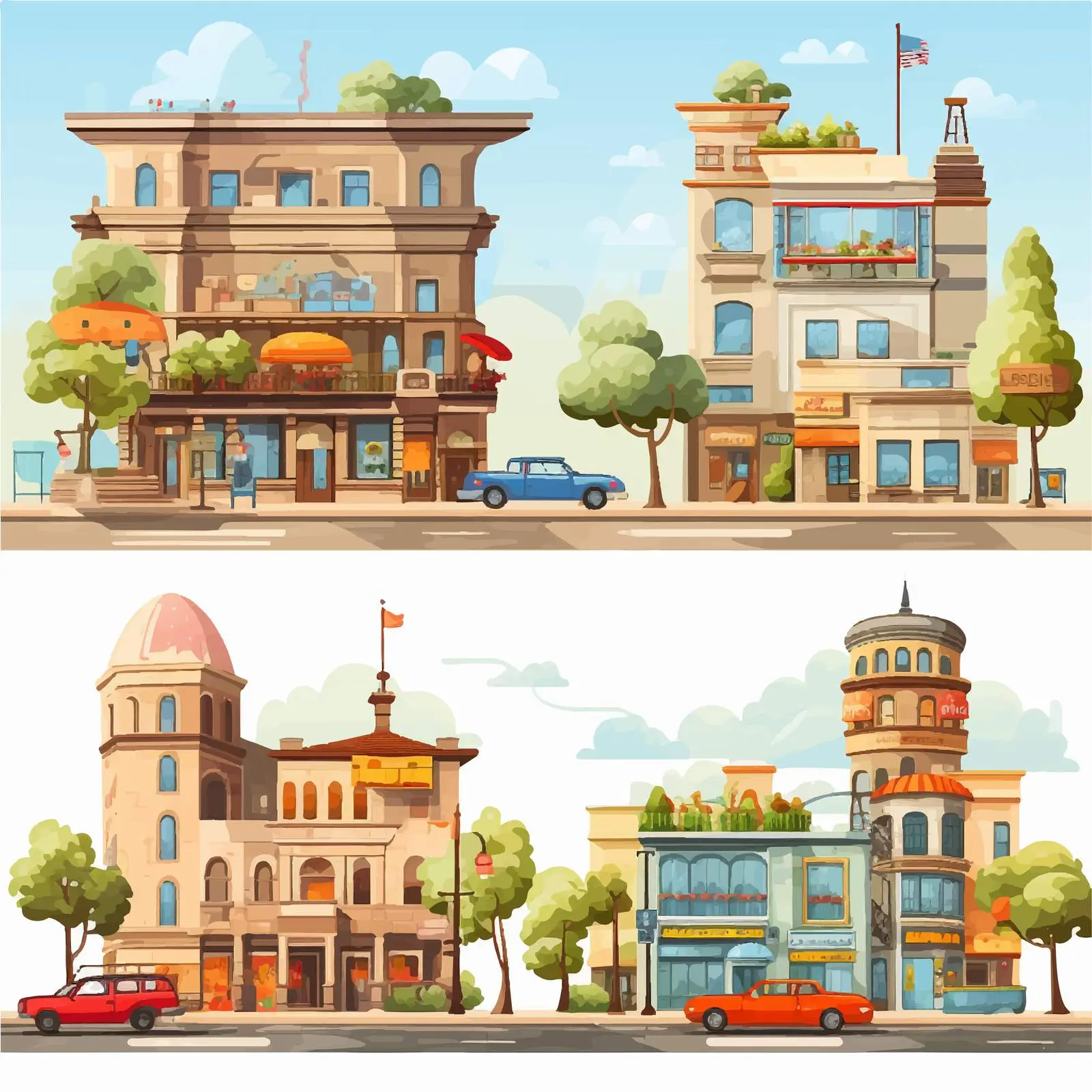 Four Cartoon City Scenes at Daytime — free download from Dotvec