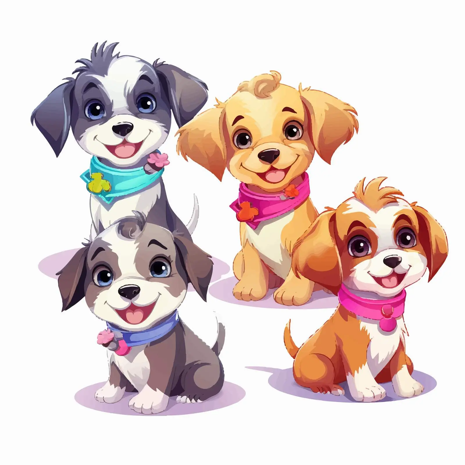 Four Cute Vector Puppies with Colorful Collars — free download from Dotvec
