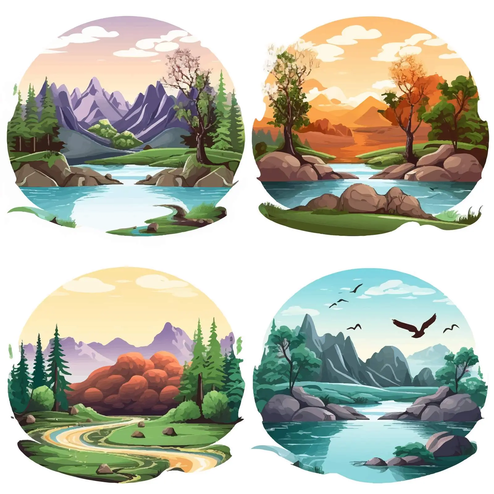 Four Beautiful Nature Scenes Vector Illustration — free download from Dotvec