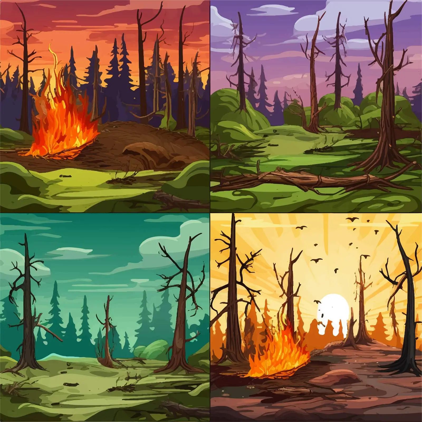 Four Cartoon Scenes of Natural Disasters in Forest – free natural disasters image from Dotvec