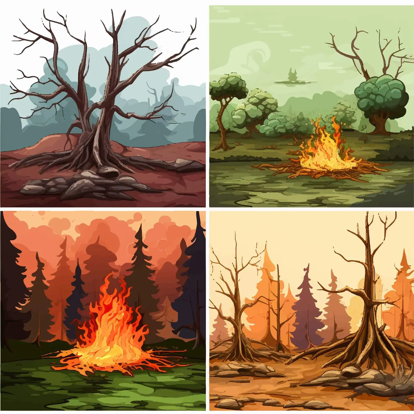 Four Cartoon Forest Scenes of Natural Disasters — free download from Dotvec